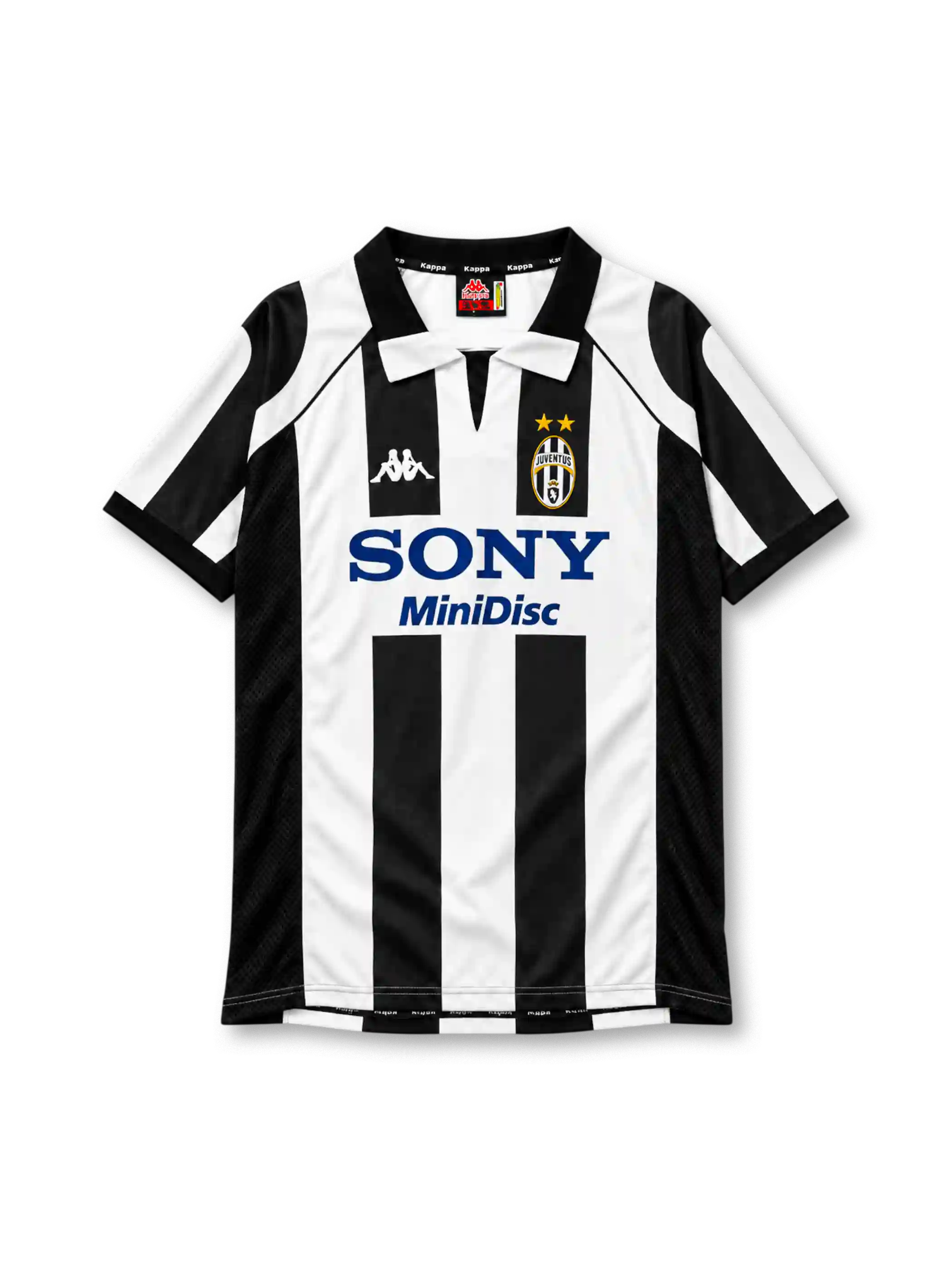 Juventus 1997-98 home jersey, front view, black and white vertical stripes, black polo collar with white tips and V-notch, Kappa logo on right chest, oval Juventus crest with two gold stars on left chest, navy SONY MiniDisc sponsor logo on white chest band, black mesh side panels, black cuffs