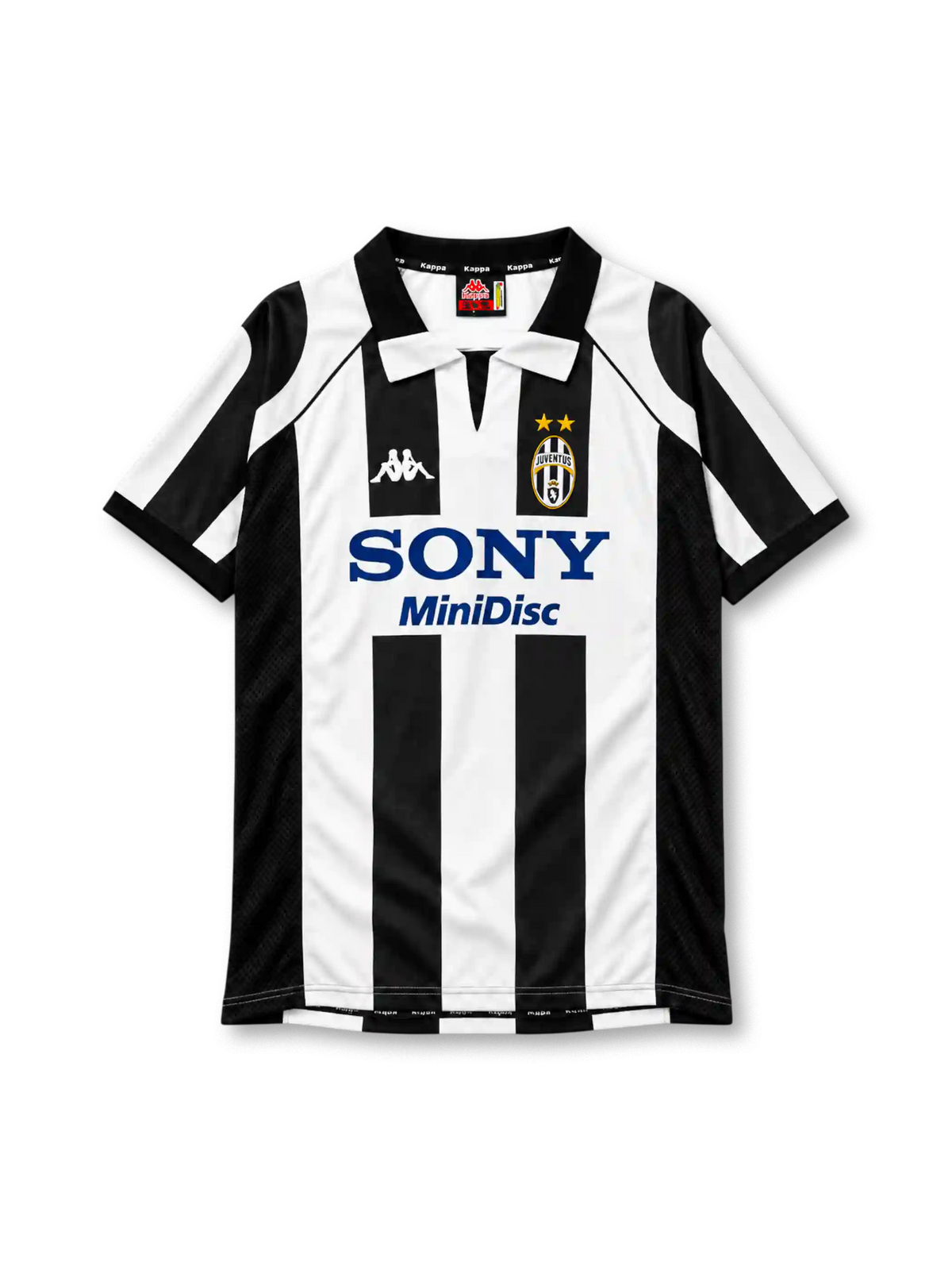 Juventus 1997-98 home jersey, front view, black and white vertical stripes, black polo collar with white tips and V-notch, Kappa logo on right chest, oval Juventus crest with two gold stars on left chest, navy SONY MiniDisc sponsor logo on white chest band, black mesh side panels, black cuffs