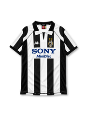 Juventus 1997-98 home jersey, front view, black and white vertical stripes, black polo collar with white tips and V-notch, Kappa logo on right chest, oval Juventus crest with two gold stars on left chest, navy SONY MiniDisc sponsor logo on white chest band, black mesh side panels, black cuffs