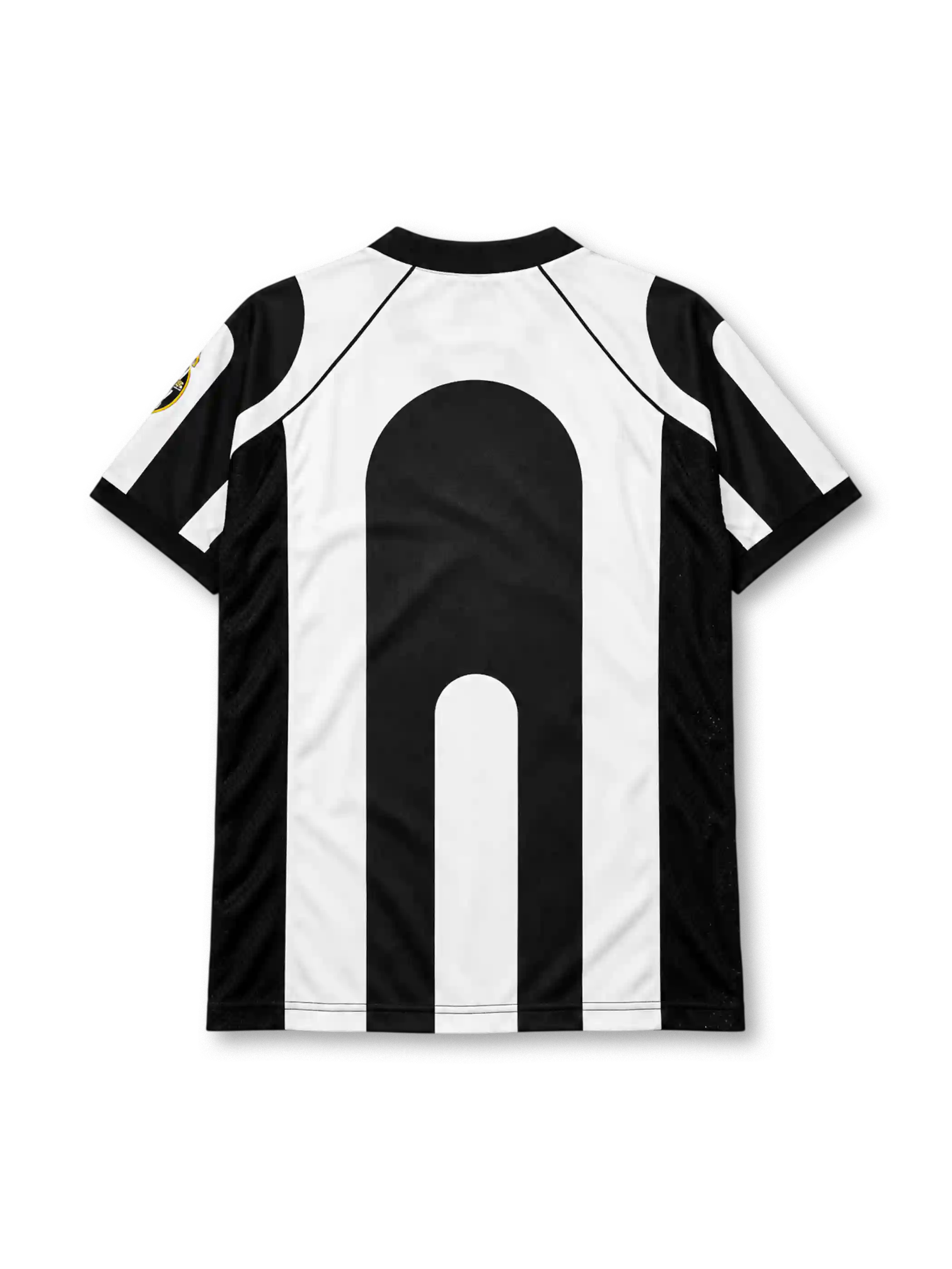 Juventus 1997-98 home jersey, front view, black and white vertical stripes, black polo collar with white tips and V-notch, Kappa logo on right chest, oval Juventus crest with two gold stars on left chest, navy SONY MiniDisc sponsor logo on white chest band, black mesh side panels, black cuffs