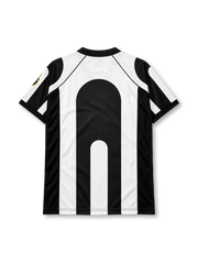 Juventus 1997-98 home jersey, front view, black and white vertical stripes, black polo collar with white tips and V-notch, Kappa logo on right chest, oval Juventus crest with two gold stars on left chest, navy SONY MiniDisc sponsor logo on white chest band, black mesh side panels, black cuffs