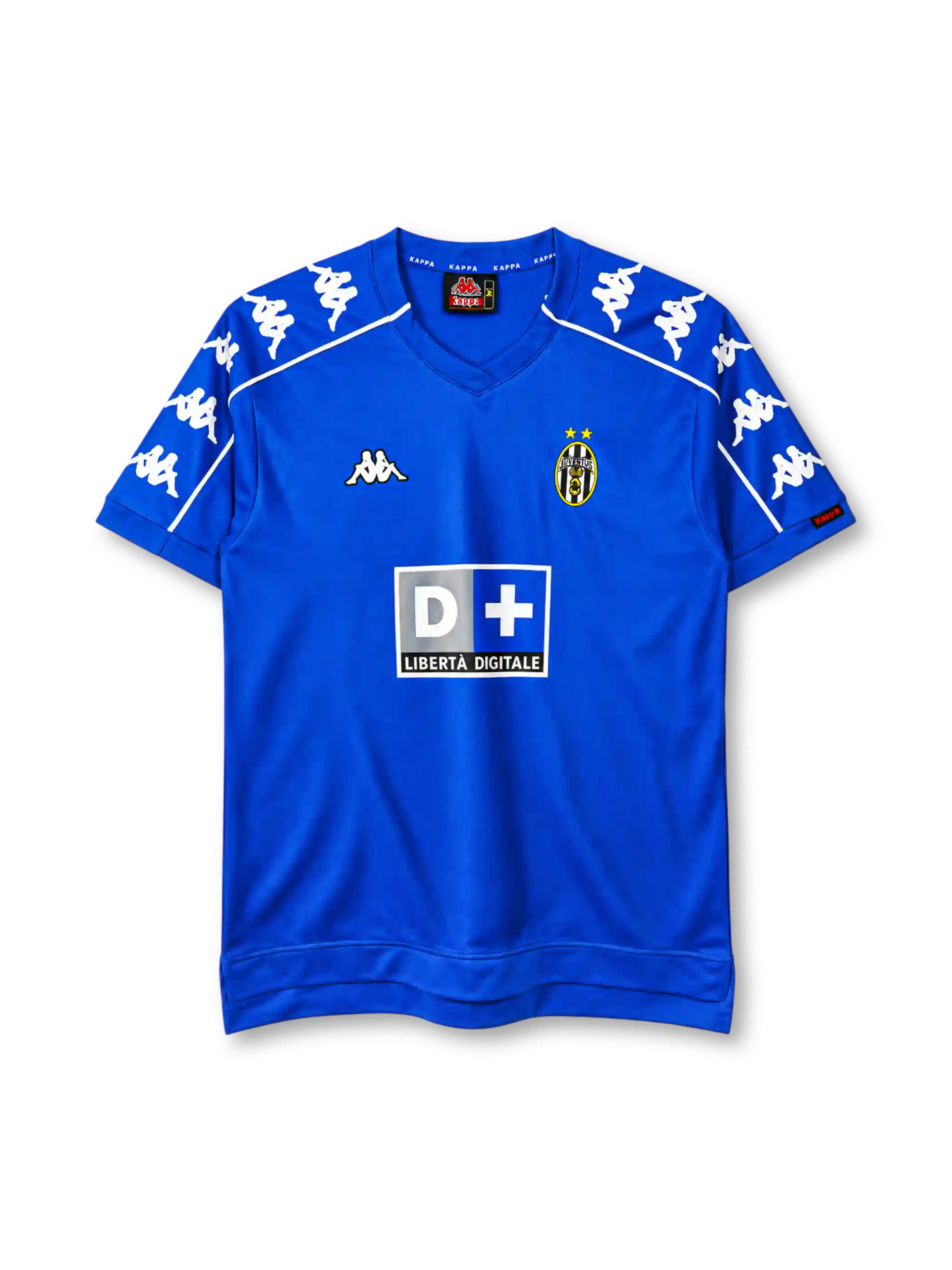 Juventus 1999-00 away jersey, front view, royal blue body, V-neck collar, repeating white Kappa logo bands on shoulders and sleeves with white piping, Kappa logo on right chest, oval Juventus crest with two gold stars on left chest, D+ Liberta Digitale sponsor logo, red Kappa tab on left cuff, stepped hem