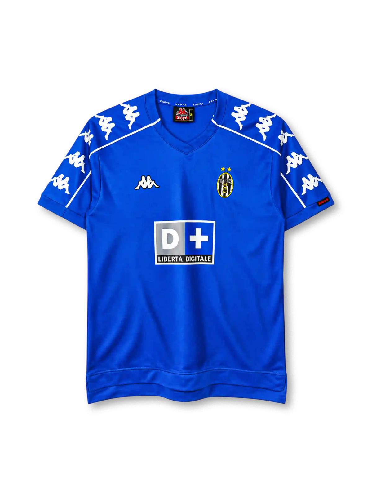 Juventus 1999-00 away jersey, front view, royal blue body, V-neck collar, repeating white Kappa logo bands on shoulders and sleeves with white piping, Kappa logo on right chest, oval Juventus crest with two gold stars on left chest, D+ Liberta Digitale sponsor logo, red Kappa tab on left cuff, stepped hem