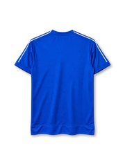 Juventus 1999-00 away jersey, front view, royal blue body, V-neck collar, repeating white Kappa logo bands on shoulders and sleeves with white piping, Kappa logo on right chest, oval Juventus crest with two gold stars on left chest, D+ Liberta Digitale sponsor logo, red Kappa tab on left cuff, stepped hem