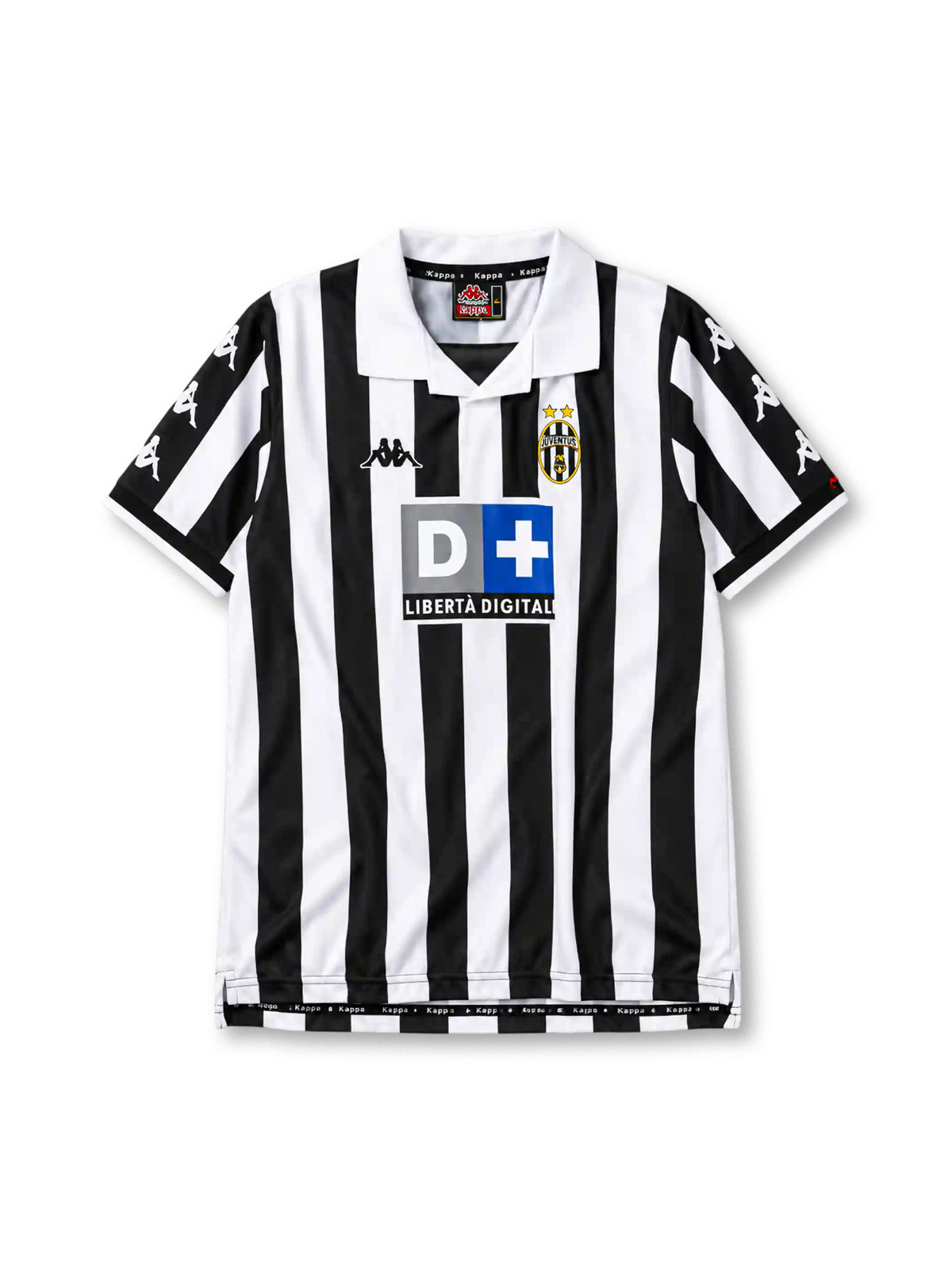 Juventus 1999-00 home jersey, front view, black and white vertical stripes, white polo collar with black V insert, repeating white Kappa logos on black sleeve panels, Kappa logo on right chest, oval Juventus crest with two gold stars on left chest, D+ Liberta Digitale sponsor logo, white cuffs with black trim, split side vents