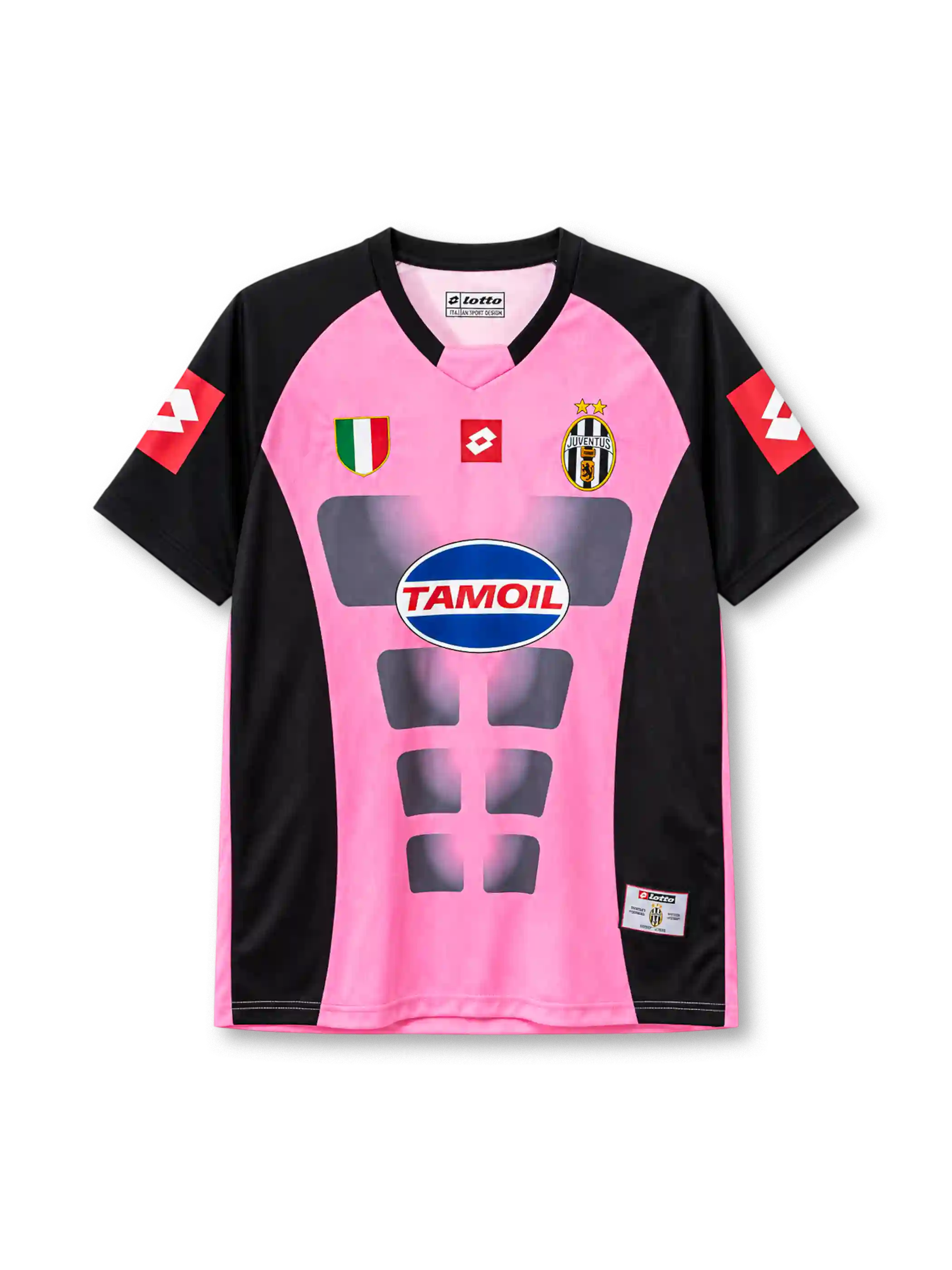 Juventus 2002-03 away jersey, front view, pink body with black raglan sleeves and side panels, black V-neck collar, grey muscle-shaped graphic panels, red Lotto logos on sleeves and centre chest, scudetto shield on right chest, oval Juventus crest with two gold stars on left chest, TAMOIL oval sponsor logo, woven authenticity tag at hem
