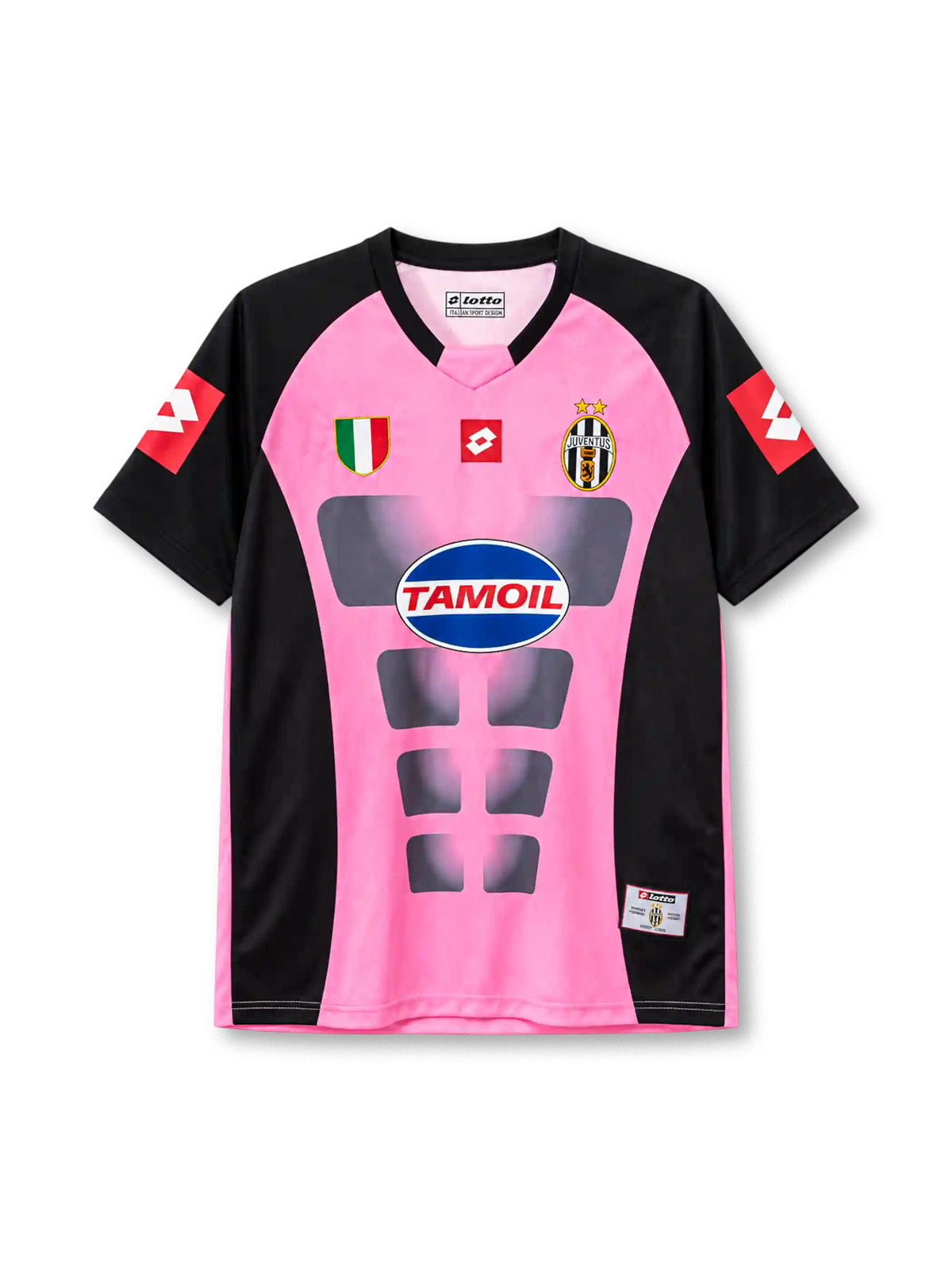 Juventus 2002-03 away jersey, front view, pink body with black raglan sleeves and side panels, black V-neck collar, grey muscle-shaped graphic panels, red Lotto logos on sleeves and centre chest, scudetto shield on right chest, oval Juventus crest with two gold stars on left chest, TAMOIL oval sponsor logo, woven authenticity tag at hem