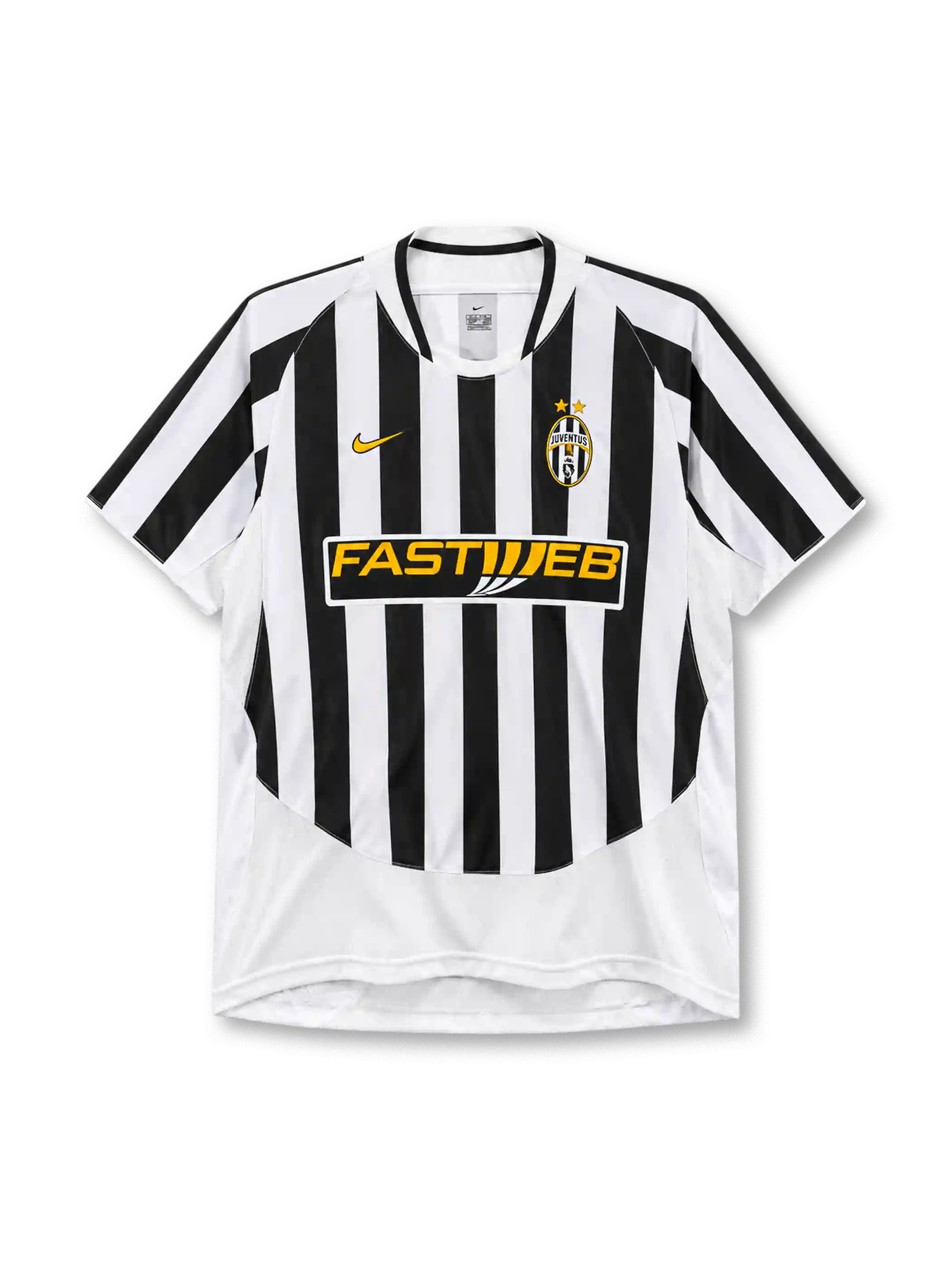 Juventus 2003-04 home jersey, front view, black and white vertical stripes, round crew neck with black and white trim, gold Nike swoosh on right chest, oval Juventus crest with two gold stars on left chest, yellow FASTWEB sponsor logo on black band, plain white lower body panel, white cuffs