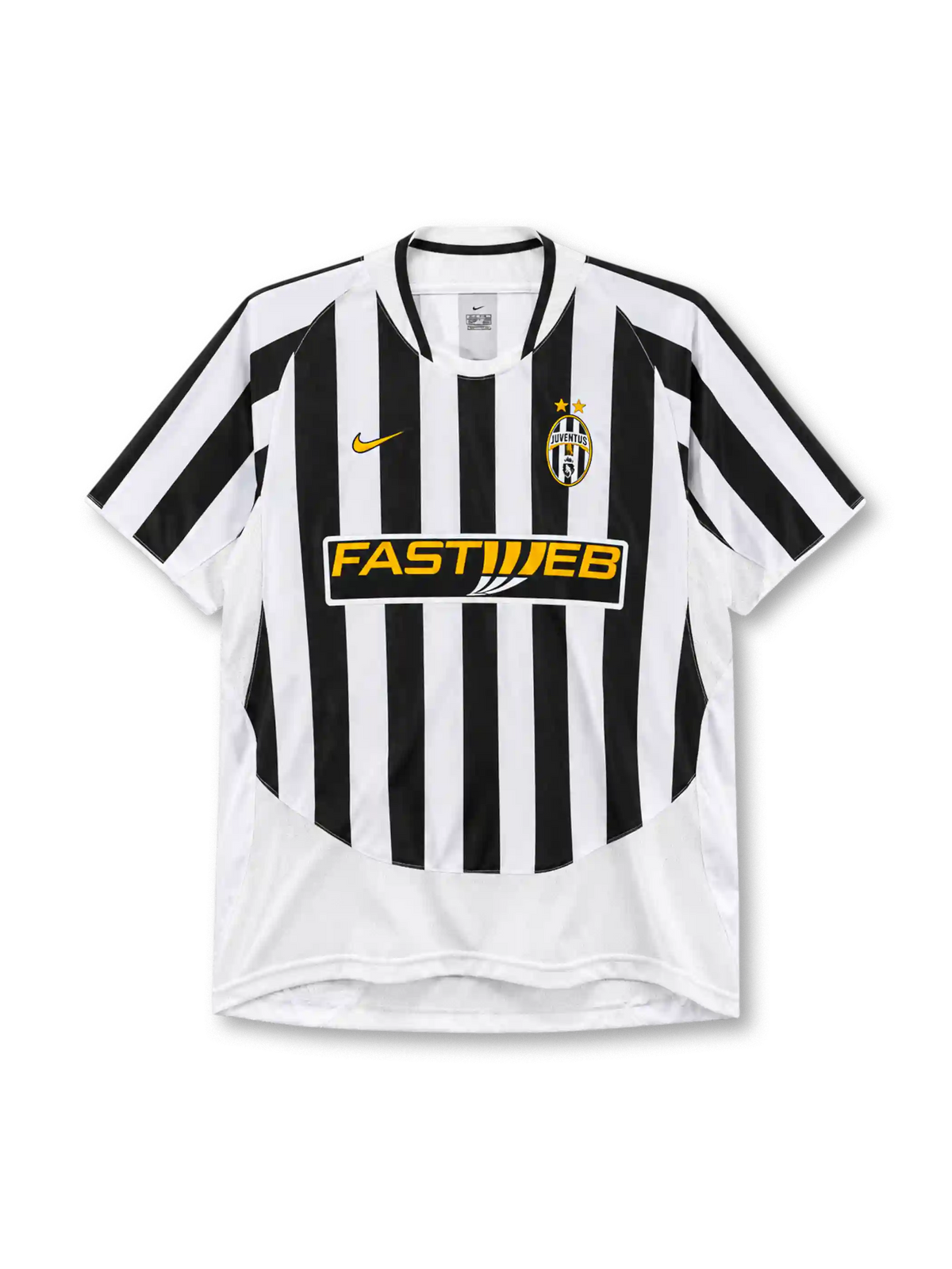 Juventus 2003-04 home jersey, front view, black and white vertical stripes, round crew neck with black and white trim, gold Nike swoosh on right chest, oval Juventus crest with two gold stars on left chest, yellow FASTWEB sponsor logo on black band, plain white lower body panel, white cuffs