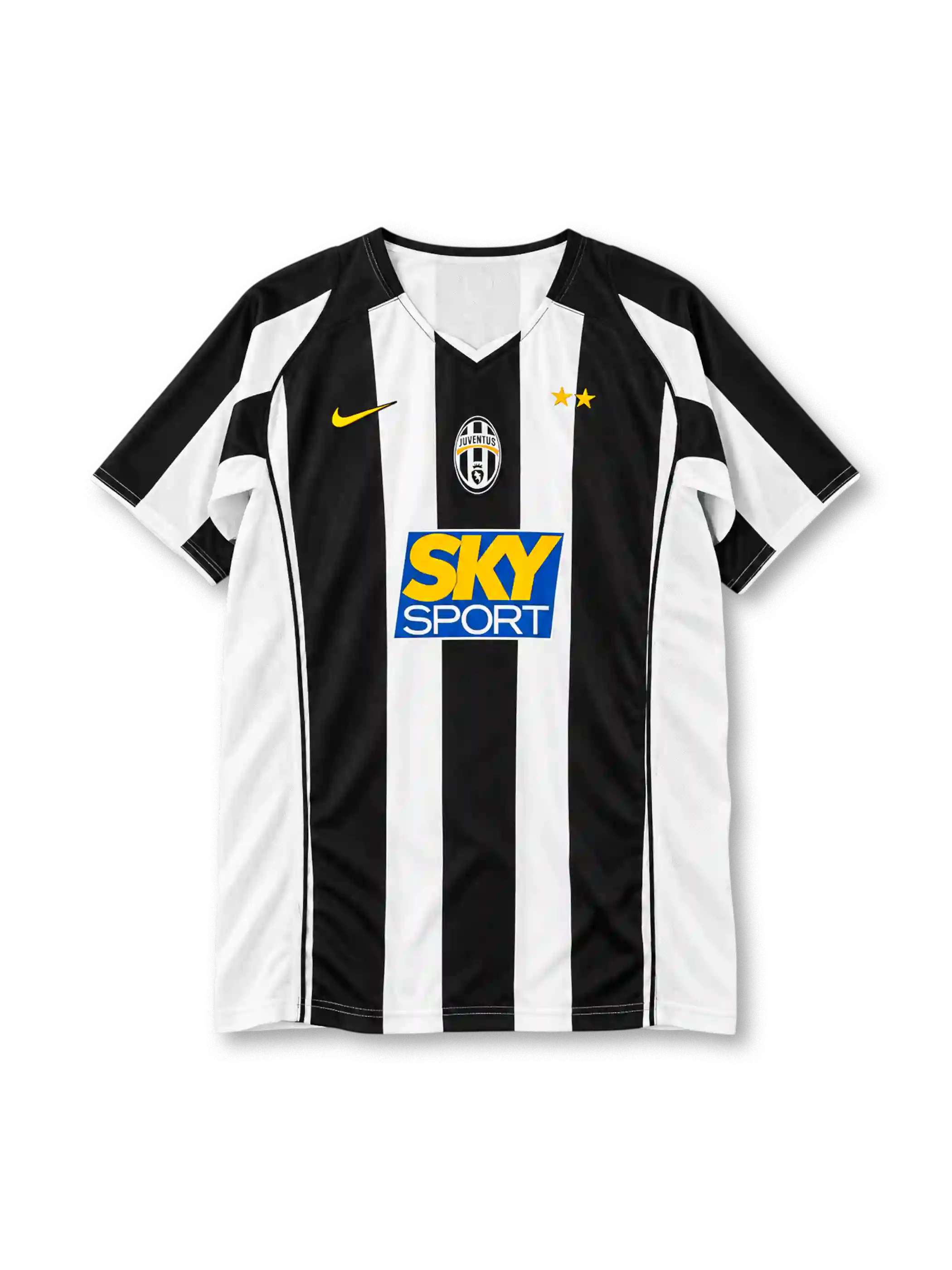 Juventus 2004-05 home jersey, front view, wide black and white vertical stripes, V-neck collar with black trim, yellow Nike swoosh on right chest, centred oval Juventus crest, two gold stars on left chest, blue SKY SPORT sponsor logo, curved black side piping, white cuffs with black edging