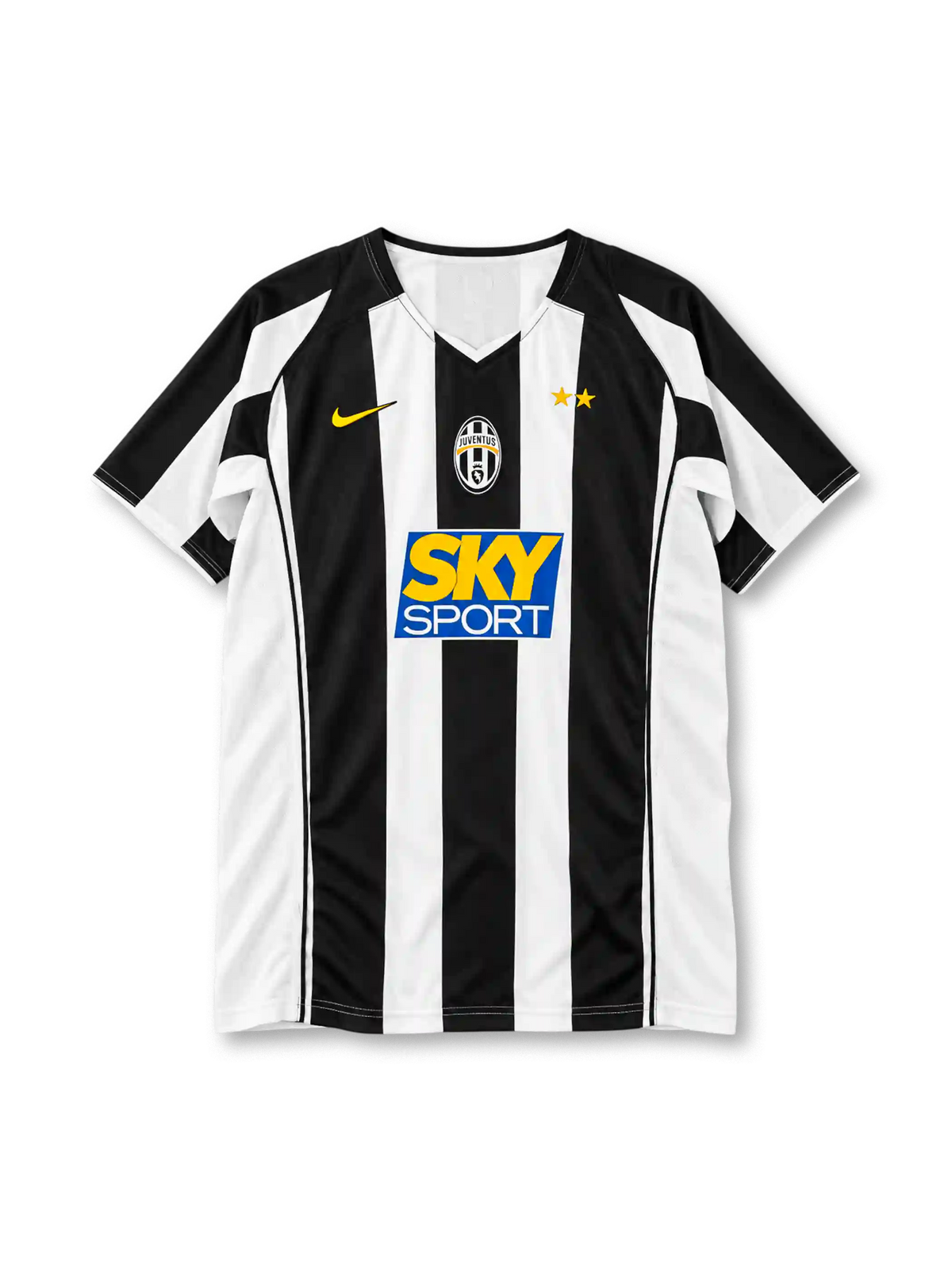 Juventus 2004-05 home jersey, front view, wide black and white vertical stripes, V-neck collar with black trim, yellow Nike swoosh on right chest, centred oval Juventus crest, two gold stars on left chest, blue SKY SPORT sponsor logo, curved black side piping, white cuffs with black edging