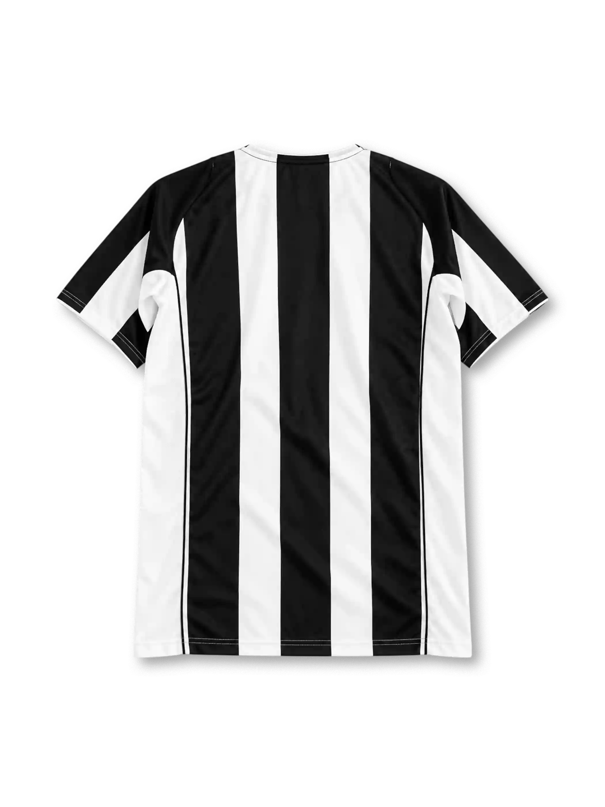 Juventus 2004-05 home jersey, front view, wide black and white vertical stripes, V-neck collar with black trim, yellow Nike swoosh on right chest, centred oval Juventus crest, two gold stars on left chest, blue SKY SPORT sponsor logo, curved black side piping, white cuffs with black edging