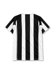 Juventus 2004-05 home jersey, front view, wide black and white vertical stripes, V-neck collar with black trim, yellow Nike swoosh on right chest, centred oval Juventus crest, two gold stars on left chest, blue SKY SPORT sponsor logo, curved black side piping, white cuffs with black edging