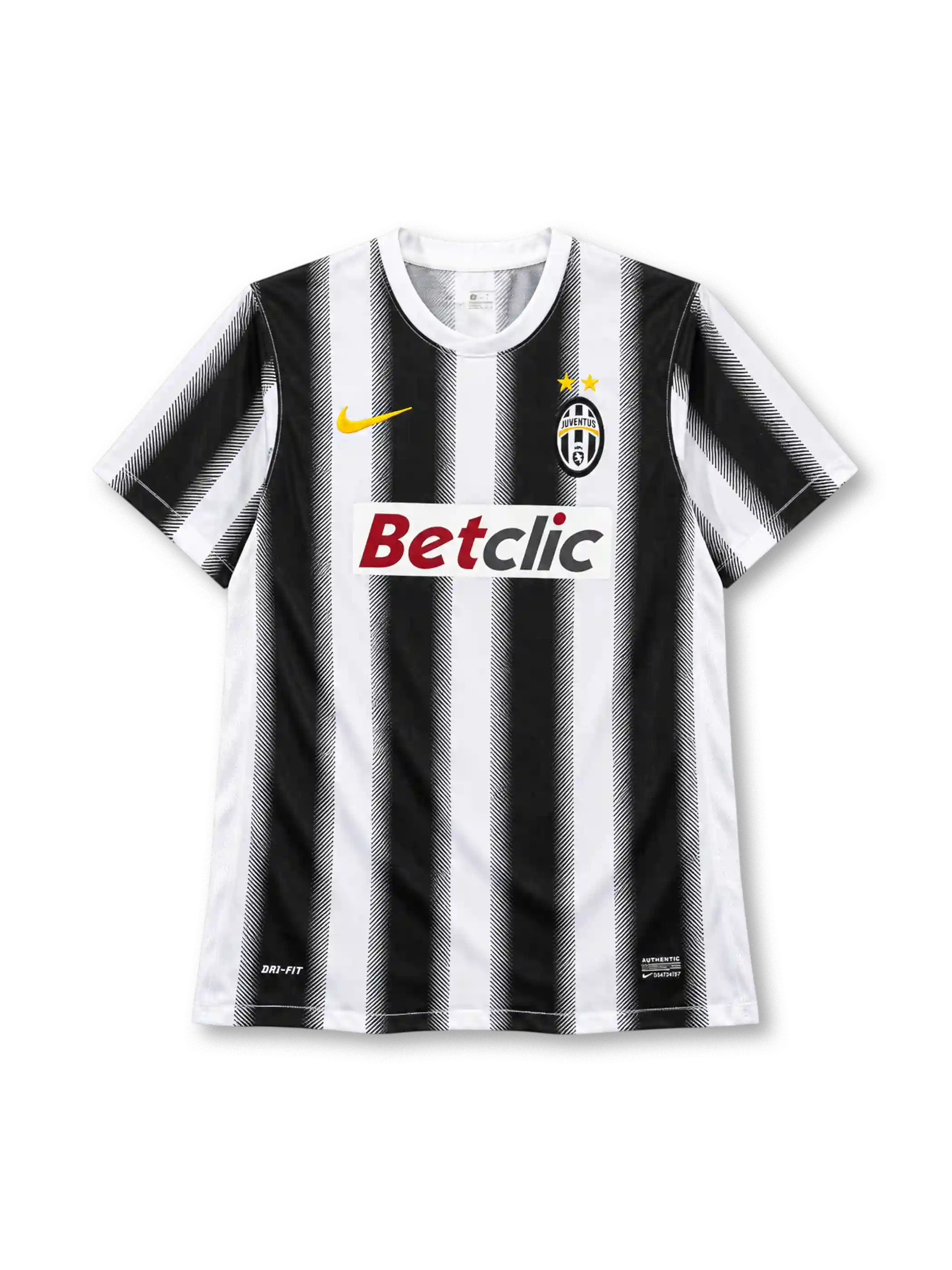 Juventus 2011-12 home jersey, front view, black and white vertical stripes with halftone edges, white crew neck collar, gold Nike swoosh on right chest, oval Juventus crest with two gold stars on left chest, BETCLIC sponsor logo on white panel, DRI-FIT print and Nike Authentic tag at hem