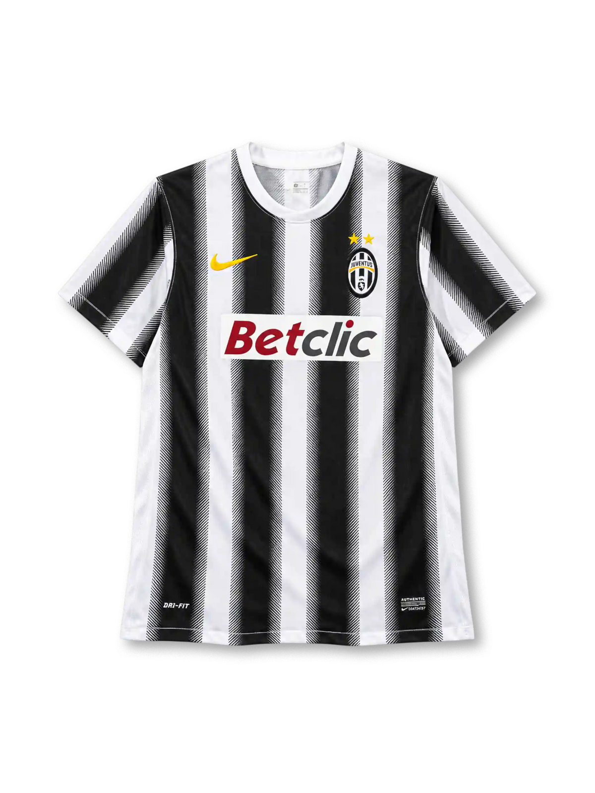 Juventus 2011-12 home jersey, front view, black and white vertical stripes with halftone edges, white crew neck collar, gold Nike swoosh on right chest, oval Juventus crest with two gold stars on left chest, BETCLIC sponsor logo on white panel, DRI-FIT print and Nike Authentic tag at hem