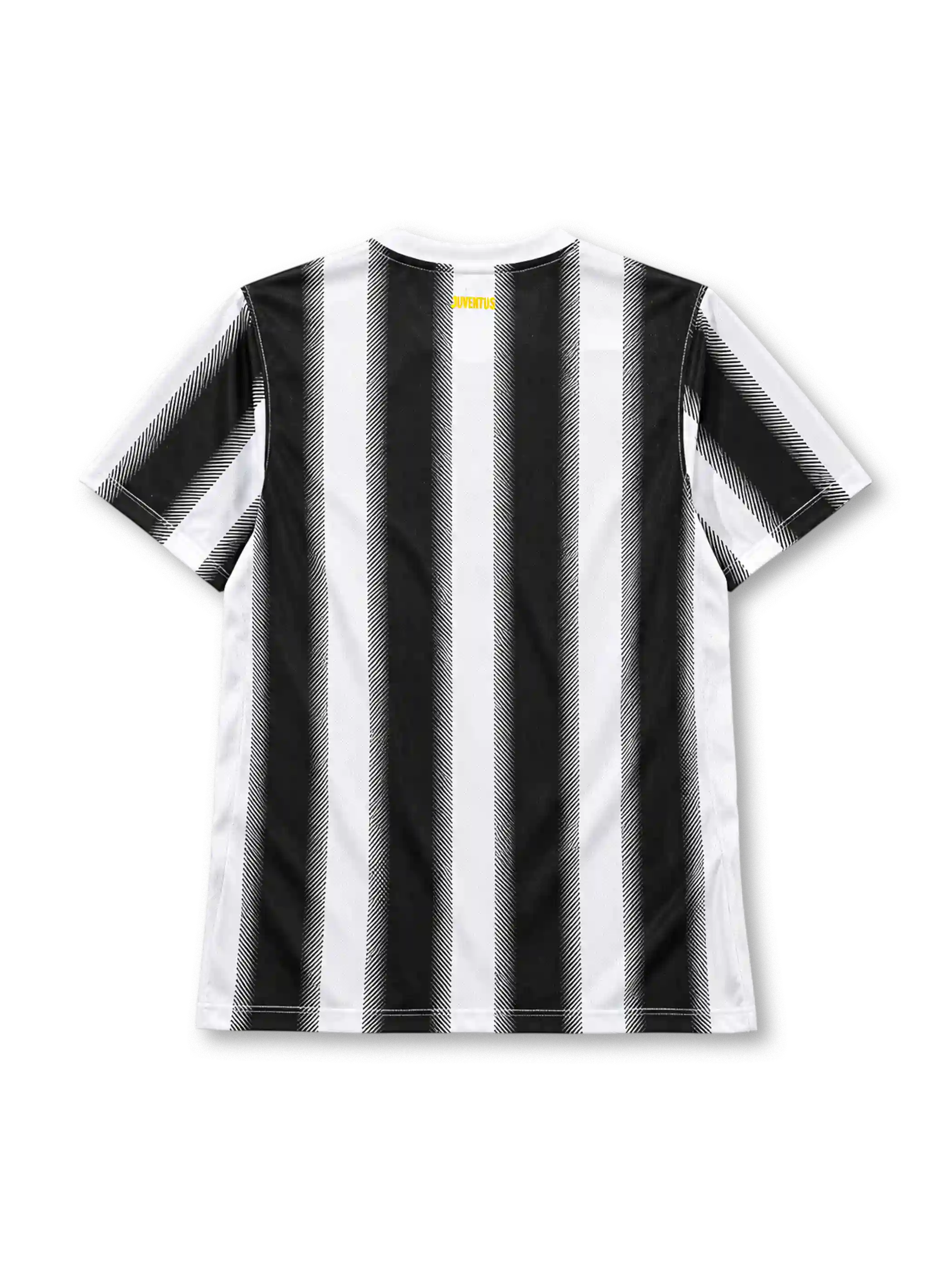 Juventus 2011-12 home jersey, front view, black and white vertical stripes with halftone edges, white crew neck collar, gold Nike swoosh on right chest, oval Juventus crest with two gold stars on left chest, BETCLIC sponsor logo on white panel, DRI-FIT print and Nike Authentic tag at hem