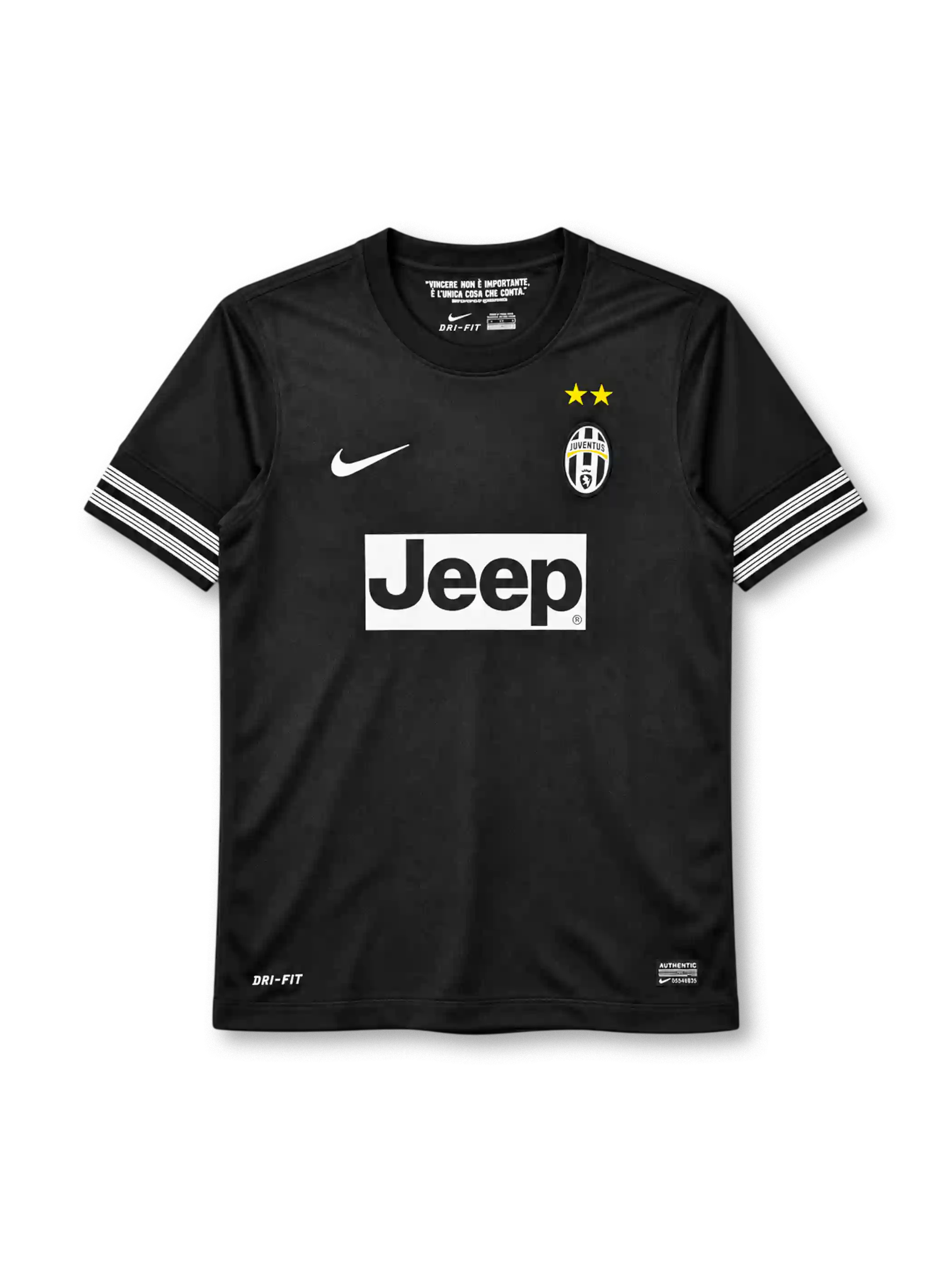 Juventus 2012-13 away jersey, front view, all-black body, black crew neck collar, white stripe bands on both sleeves, white Nike swoosh on right chest, oval Juventus crest with two gold stars on left chest, white JEEP sponsor panel, DRI-FIT print and Nike Authentic tag at hem