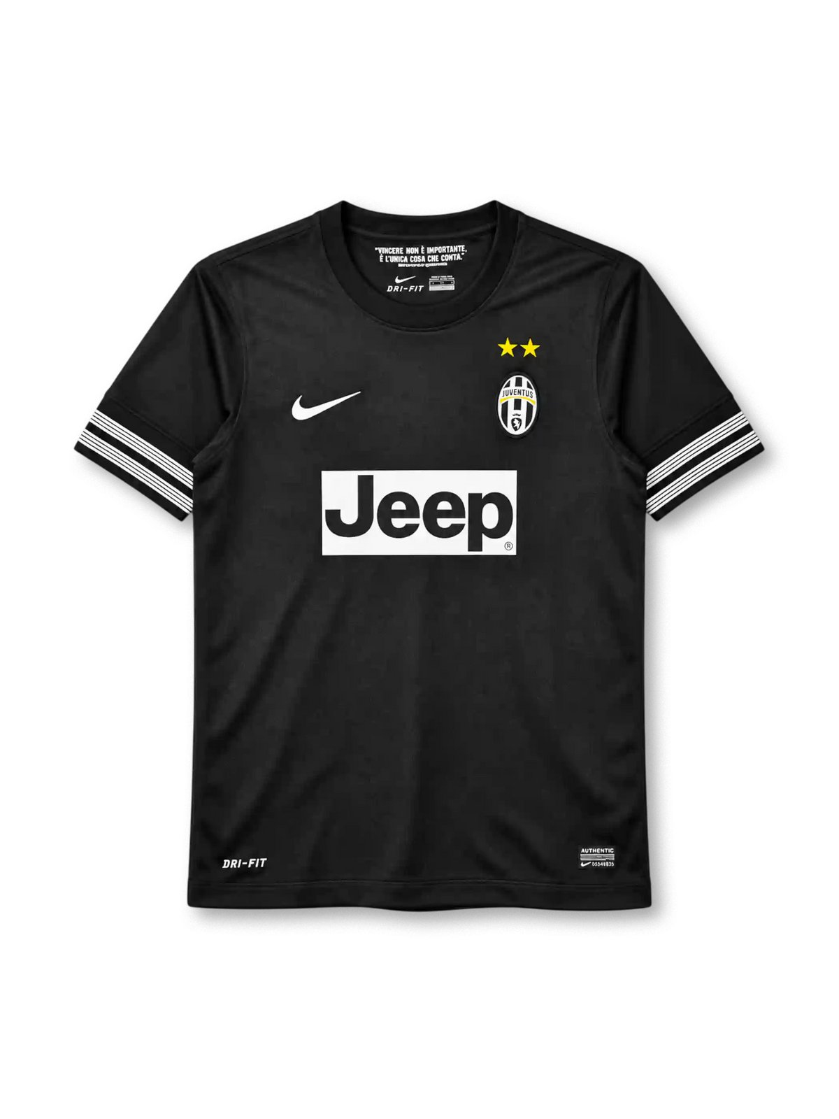 Juventus 2012-13 away jersey, front view, all-black body, black crew neck collar, white stripe bands on both sleeves, white Nike swoosh on right chest, oval Juventus crest with two gold stars on left chest, white JEEP sponsor panel, DRI-FIT print and Nike Authentic tag at hem