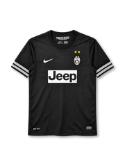 Juventus 2012-13 away jersey, front view, all-black body, black crew neck collar, white stripe bands on both sleeves, white Nike swoosh on right chest, oval Juventus crest with two gold stars on left chest, white JEEP sponsor panel, DRI-FIT print and Nike Authentic tag at hem