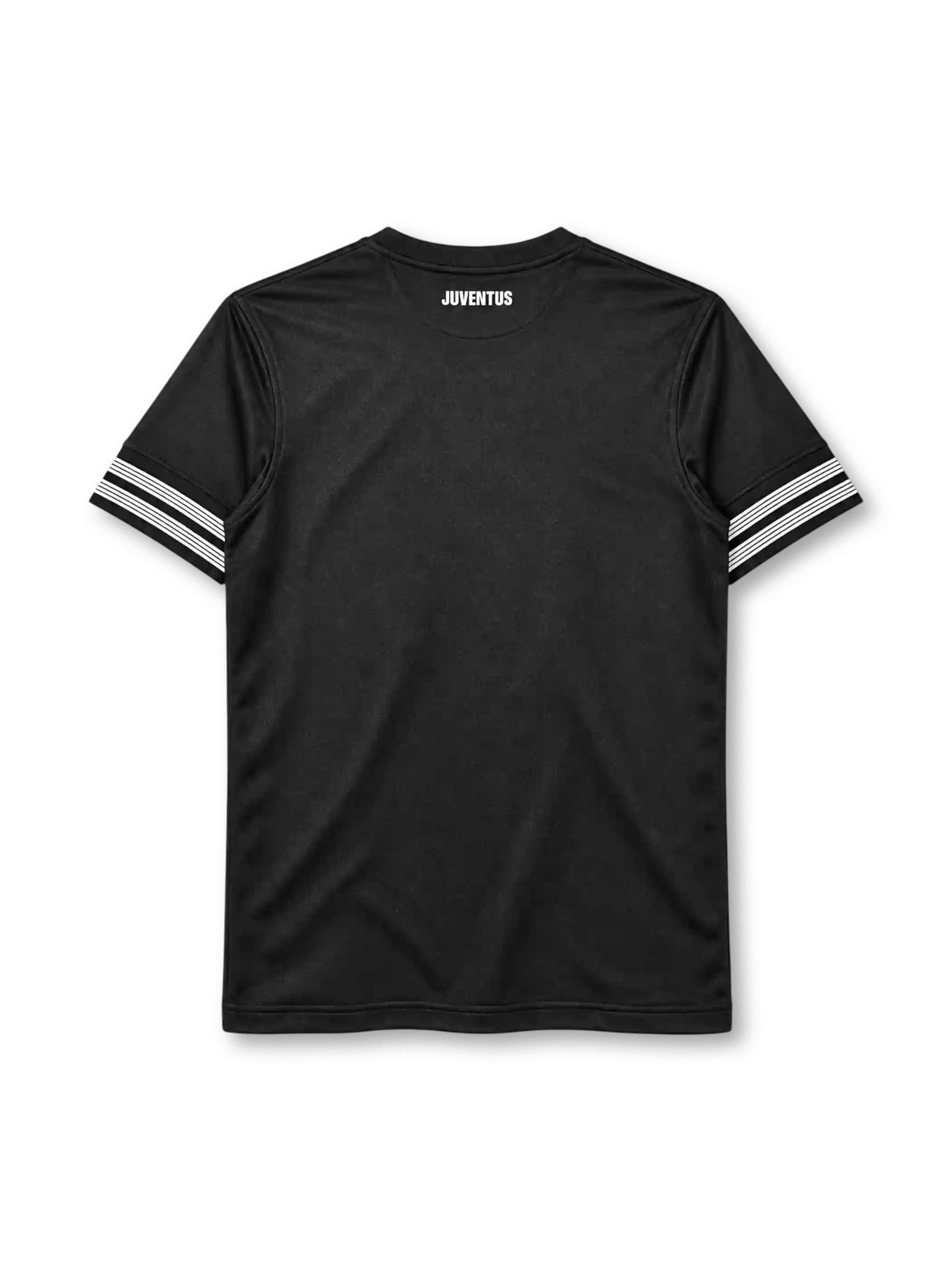 Juventus 2012-13 away jersey, front view, all-black body, black crew neck collar, white stripe bands on both sleeves, white Nike swoosh on right chest, oval Juventus crest with two gold stars on left chest, white JEEP sponsor panel, DRI-FIT print and Nike Authentic tag at hem