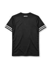 Juventus 2012-13 away jersey, front view, all-black body, black crew neck collar, white stripe bands on both sleeves, white Nike swoosh on right chest, oval Juventus crest with two gold stars on left chest, white JEEP sponsor panel, DRI-FIT print and Nike Authentic tag at hem