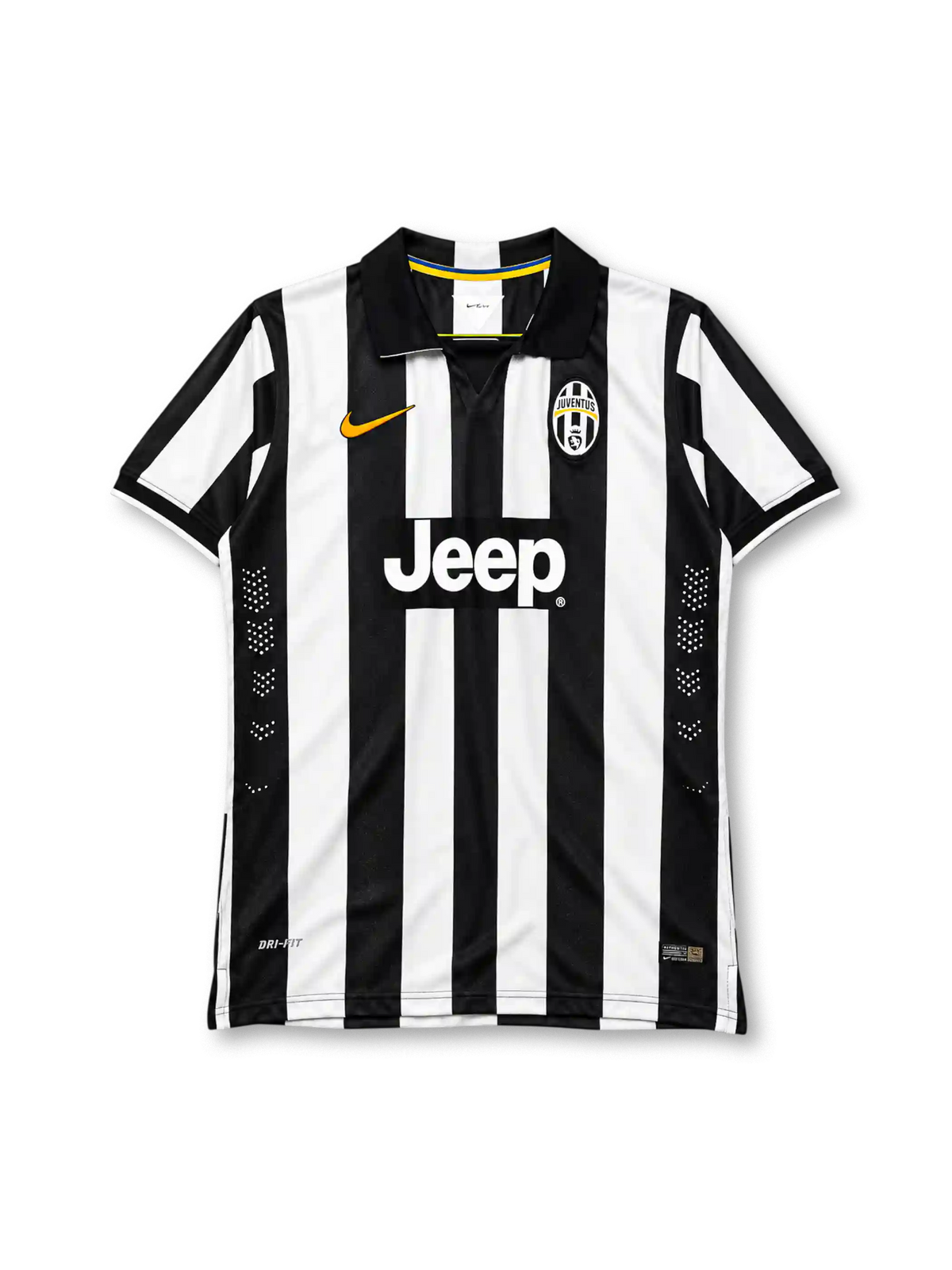 Juventus 2014-15 home jersey, front view, wide black and white vertical stripes, black polo collar with V-notch, orange Nike swoosh on right chest, oval Juventus crest on left chest, white JEEP sponsor lettering on black chest band, perforated side ventilation, black cuffs with white edging
