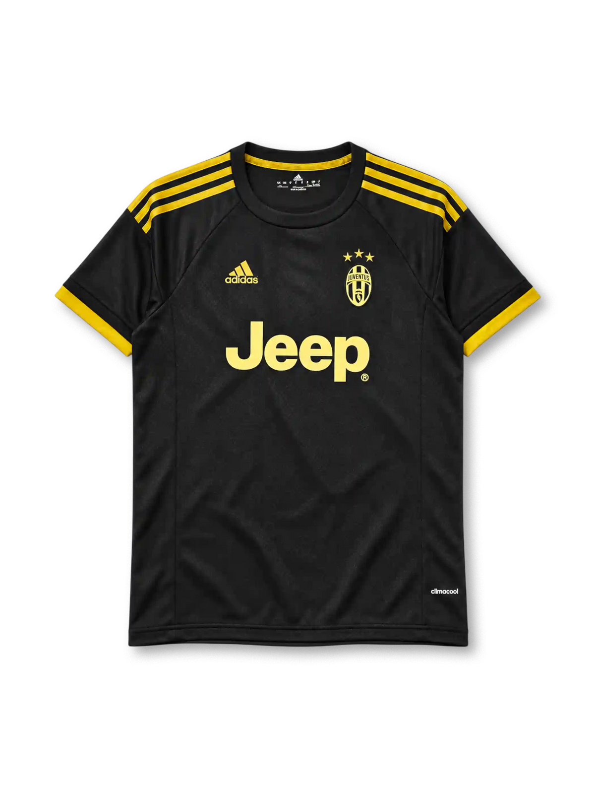 Juventus 2015-16 third jersey, front view, black body, yellow three stripes on shoulders, black crew neck with yellow inner band, yellow cuffs, yellow adidas logo on right chest, tonal yellow Juventus crest with three gold stars on left chest, yellow JEEP sponsor lettering, climacool print at hem