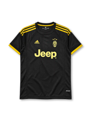 Juventus 2015-16 third jersey, front view, black body, yellow three stripes on shoulders, black crew neck with yellow inner band, yellow cuffs, yellow adidas logo on right chest, tonal yellow Juventus crest with three gold stars on left chest, yellow JEEP sponsor lettering, climacool print at hem