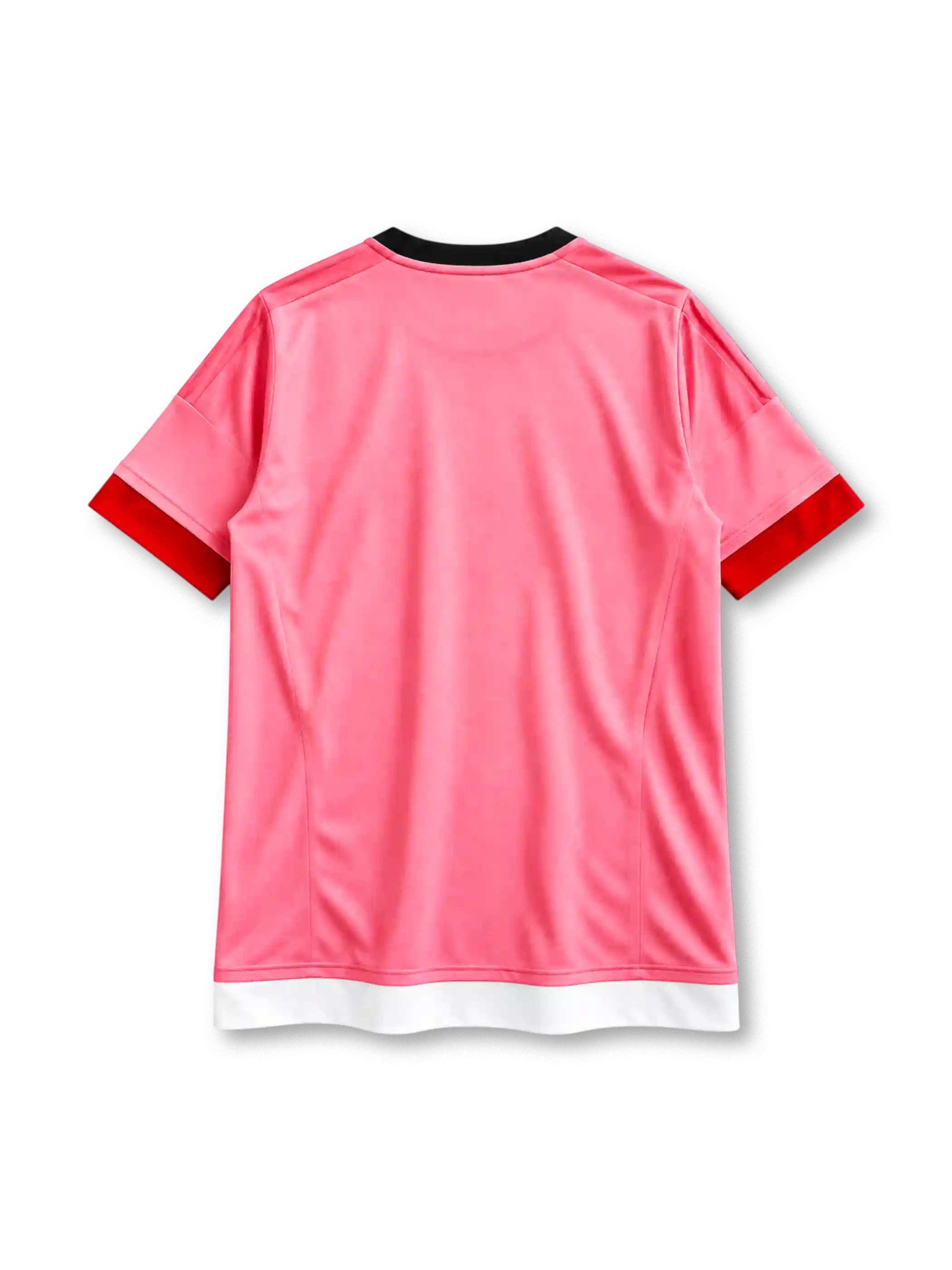 Juventus 2015-16 away jersey, front view, pink body, black crew neck collar, black three stripes on shoulders, red cuffs, black adidas logo on right chest, Juventus crest with three gold stars on left chest, white and red chest band with black JEEP sponsor panel, white hem band