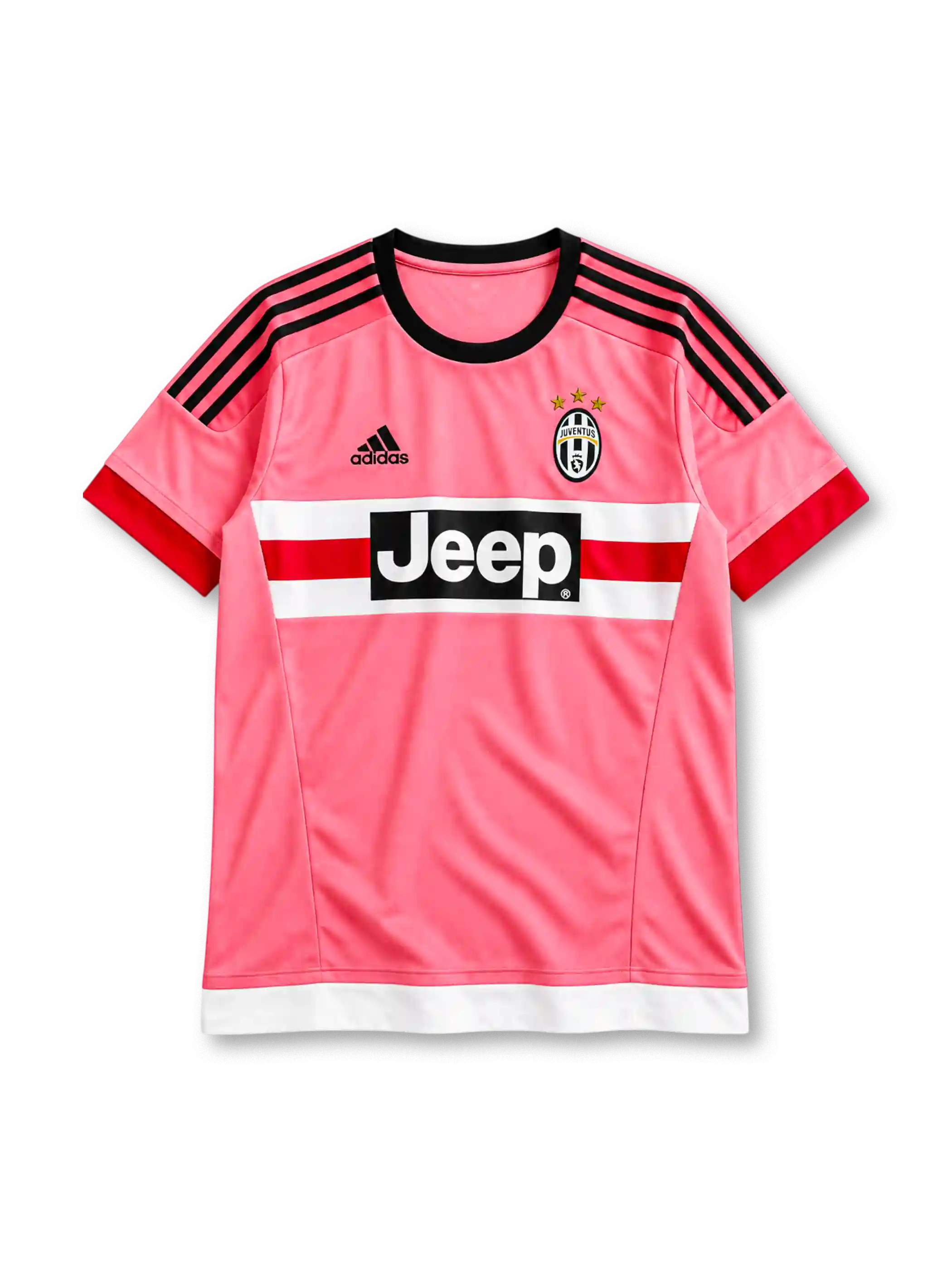 Juventus 2015-16 away jersey, front view, pink body, black crew neck collar, black three stripes on shoulders, red cuffs, black adidas logo on right chest, Juventus crest with three gold stars on left chest, white and red chest band with black JEEP sponsor panel, white hem band