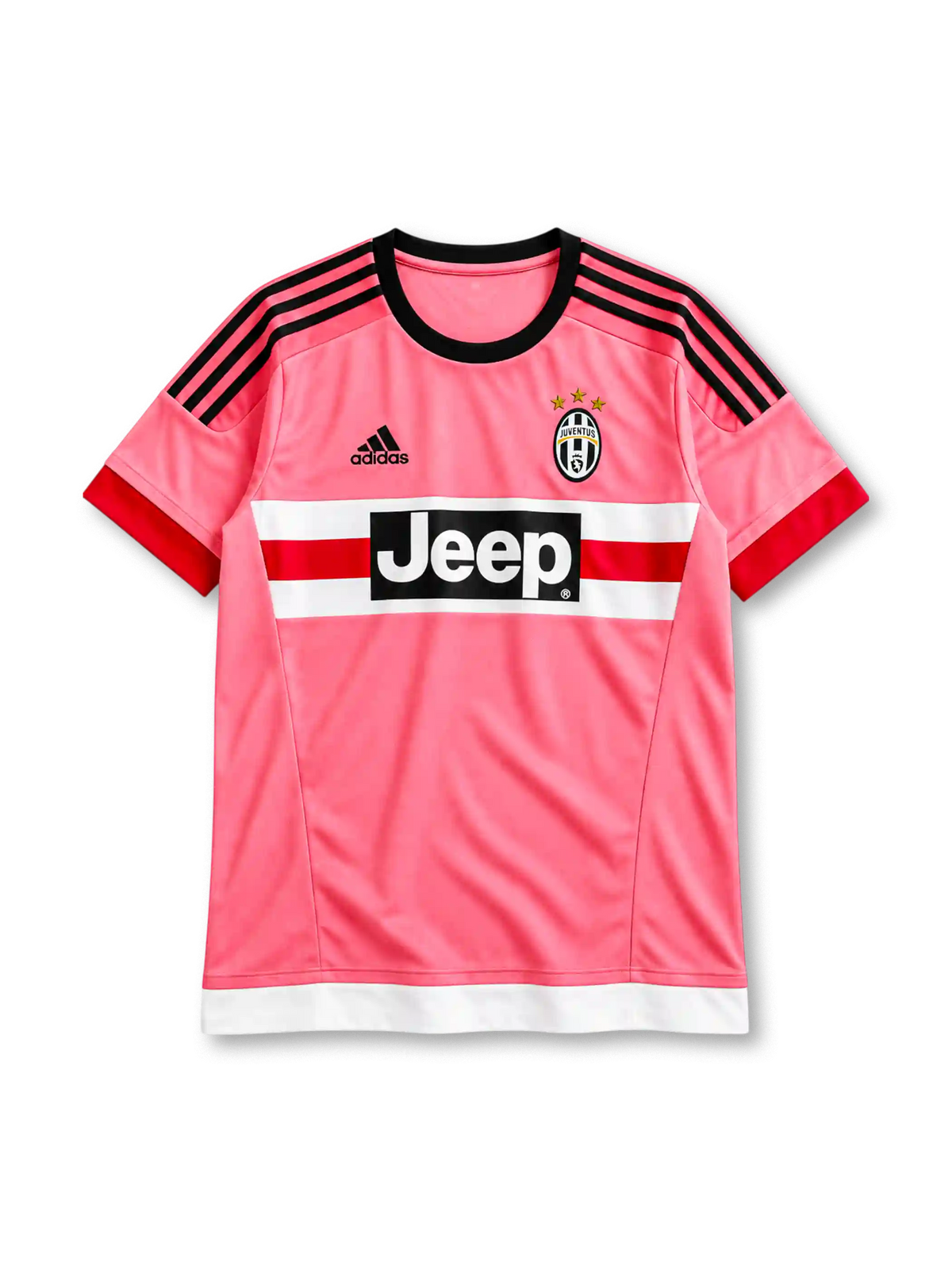 Juventus 2015-16 away jersey, front view, pink body, black crew neck collar, black three stripes on shoulders, red cuffs, black adidas logo on right chest, Juventus crest with three gold stars on left chest, white and red chest band with black JEEP sponsor panel, white hem band