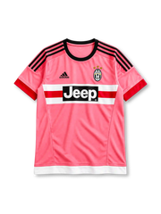 Juventus 2015-16 away jersey, front view, pink body, black crew neck collar, black three stripes on shoulders, red cuffs, black adidas logo on right chest, Juventus crest with three gold stars on left chest, white and red chest band with black JEEP sponsor panel, white hem band
