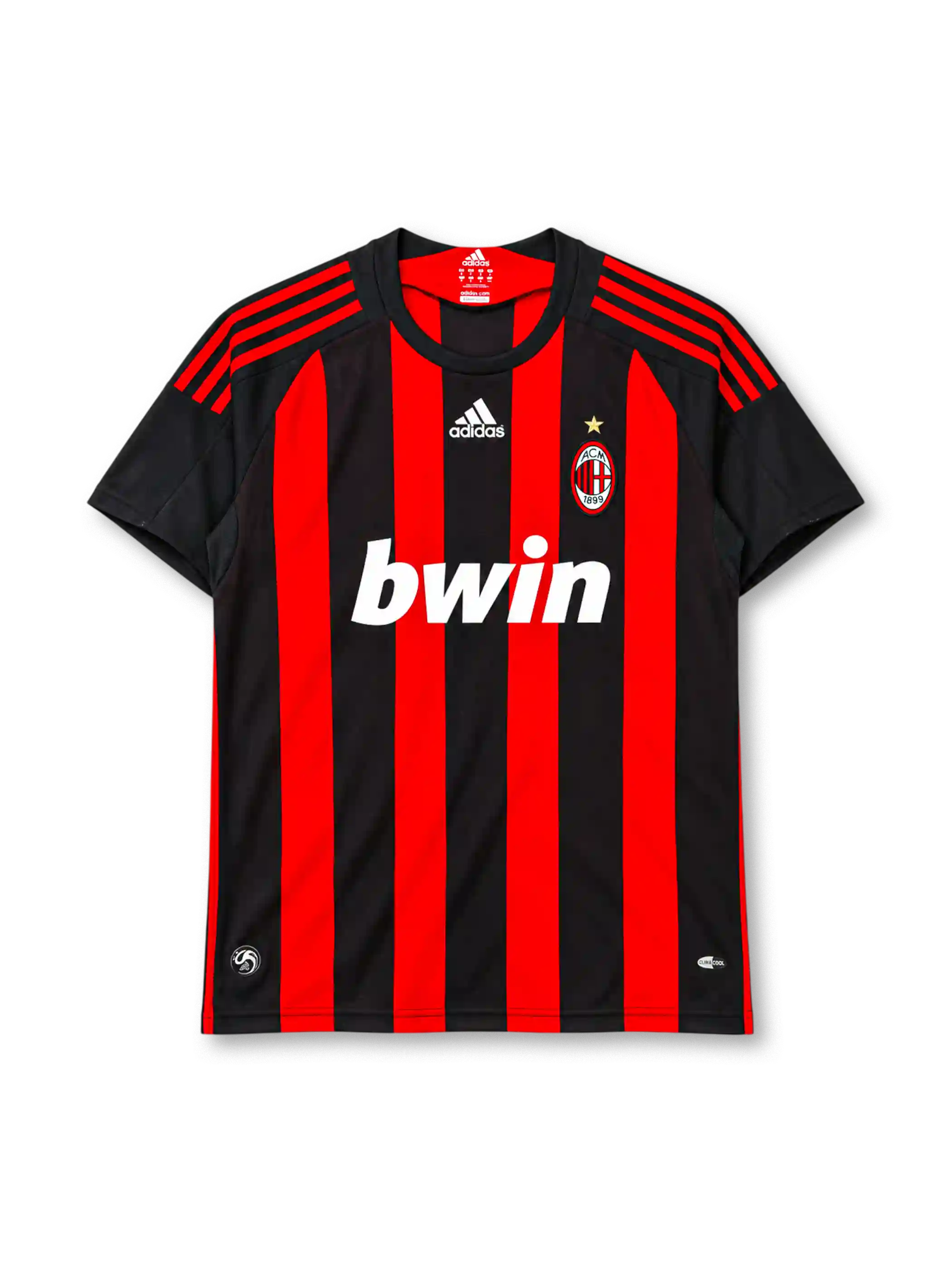 AC Milan 2008-09 home jersey, front view, red and black vertical stripes, black crew neck collar, black sleeves with red three stripes on shoulders, white adidas logo centred on chest, AC Milan crest with gold star on left chest, white BWIN sponsor logo, CLIMACOOL badge at hem