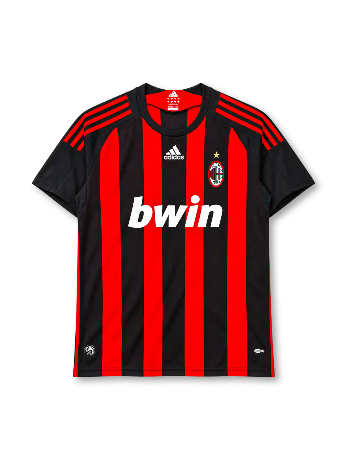 AC Milan 2008-09 home jersey, front view, red and black vertical stripes, black crew neck collar, black sleeves with red three stripes on shoulders, white adidas logo centred on chest, AC Milan crest with gold star on left chest, white BWIN sponsor logo, CLIMACOOL badge at hem