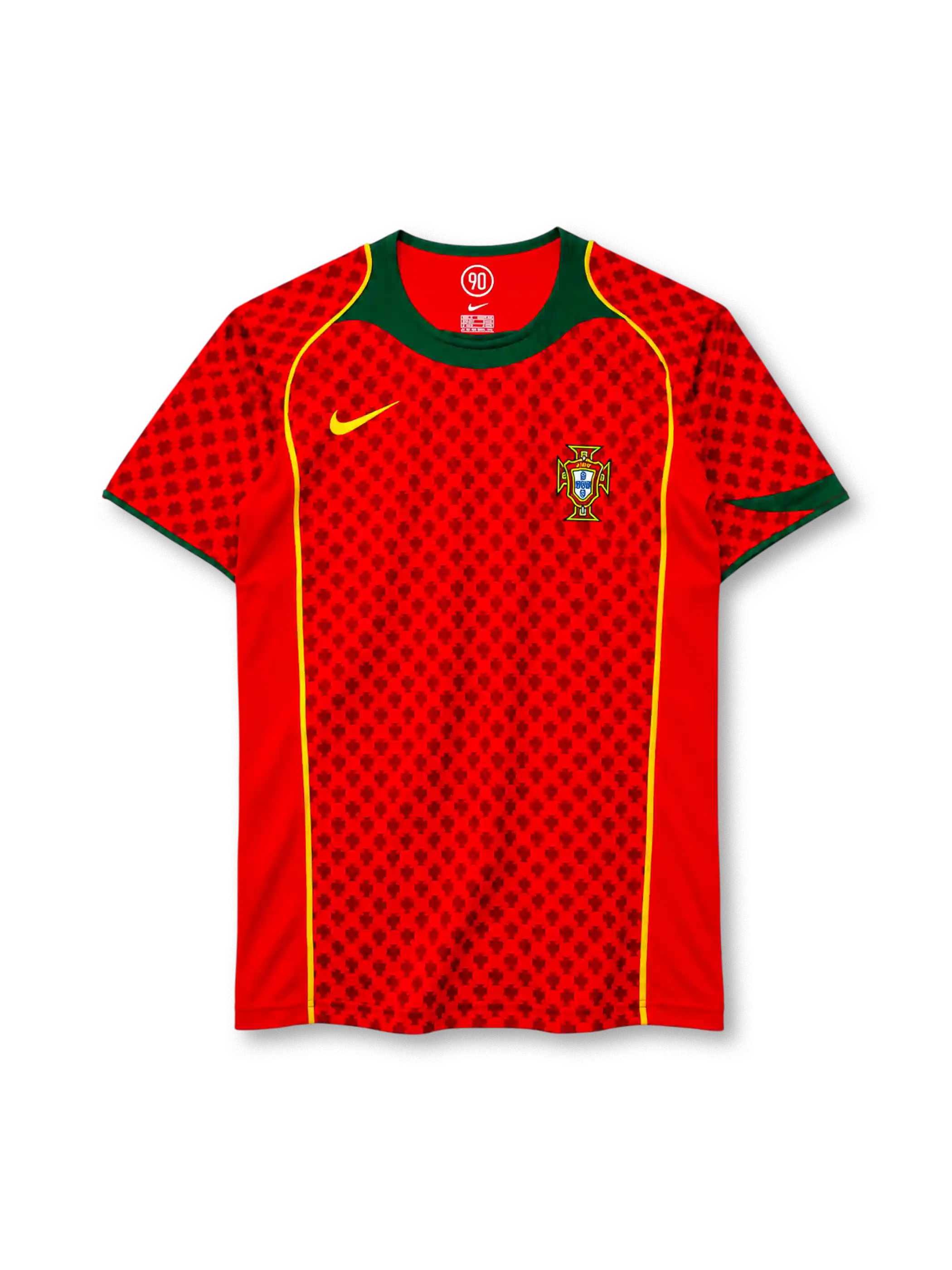 Portugal 2004 home jersey, front view, red body with tonal dark red cross-motif pattern, green crew neck and collar yoke, yellow piping down the front, yellow Nike swoosh on right chest, Portuguese Football Federation crest on left chest, green sleeve cuffs