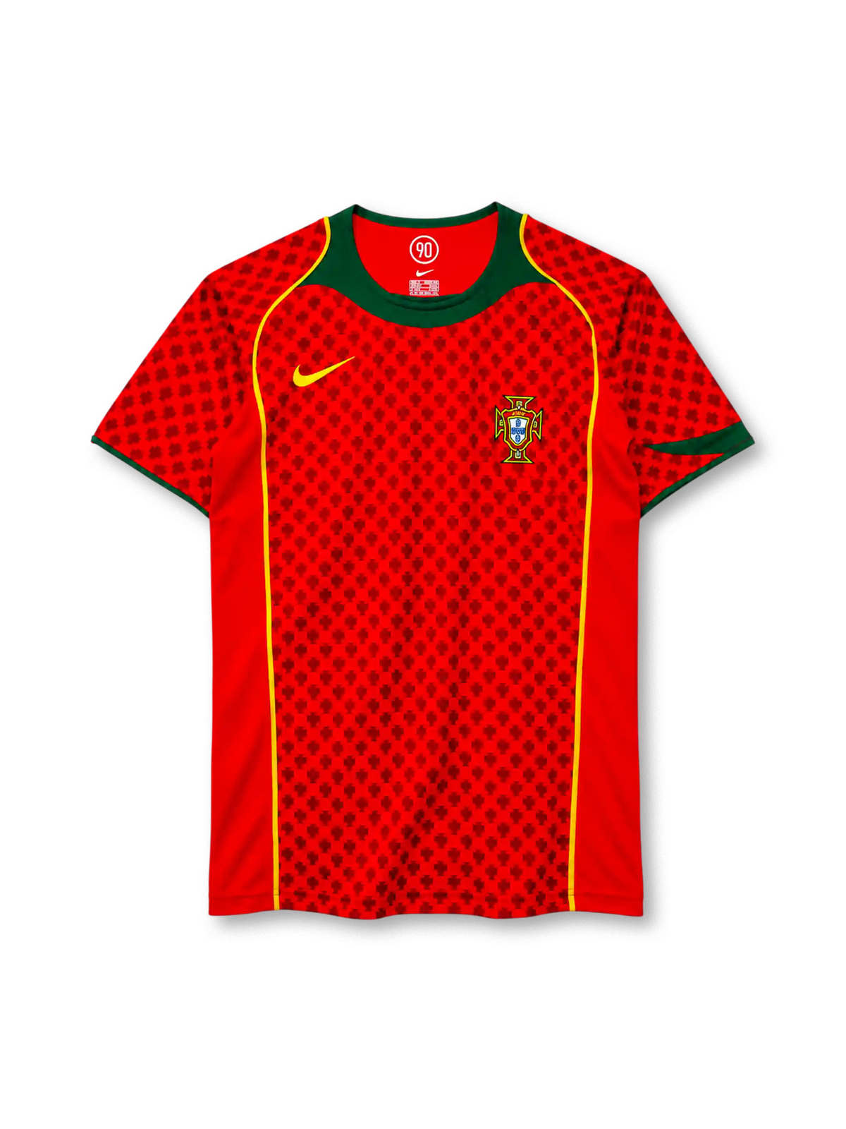 Portugal 2004 home jersey, front view, red body with tonal dark red cross-motif pattern, green crew neck and collar yoke, yellow piping down the front, yellow Nike swoosh on right chest, Portuguese Football Federation crest on left chest, green sleeve cuffs