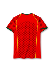 Portugal 2004 home jersey, front view, red body with tonal dark red cross-motif pattern, green crew neck and collar yoke, yellow piping down the front, yellow Nike swoosh on right chest, Portuguese Football Federation crest on left chest, green sleeve cuffs
