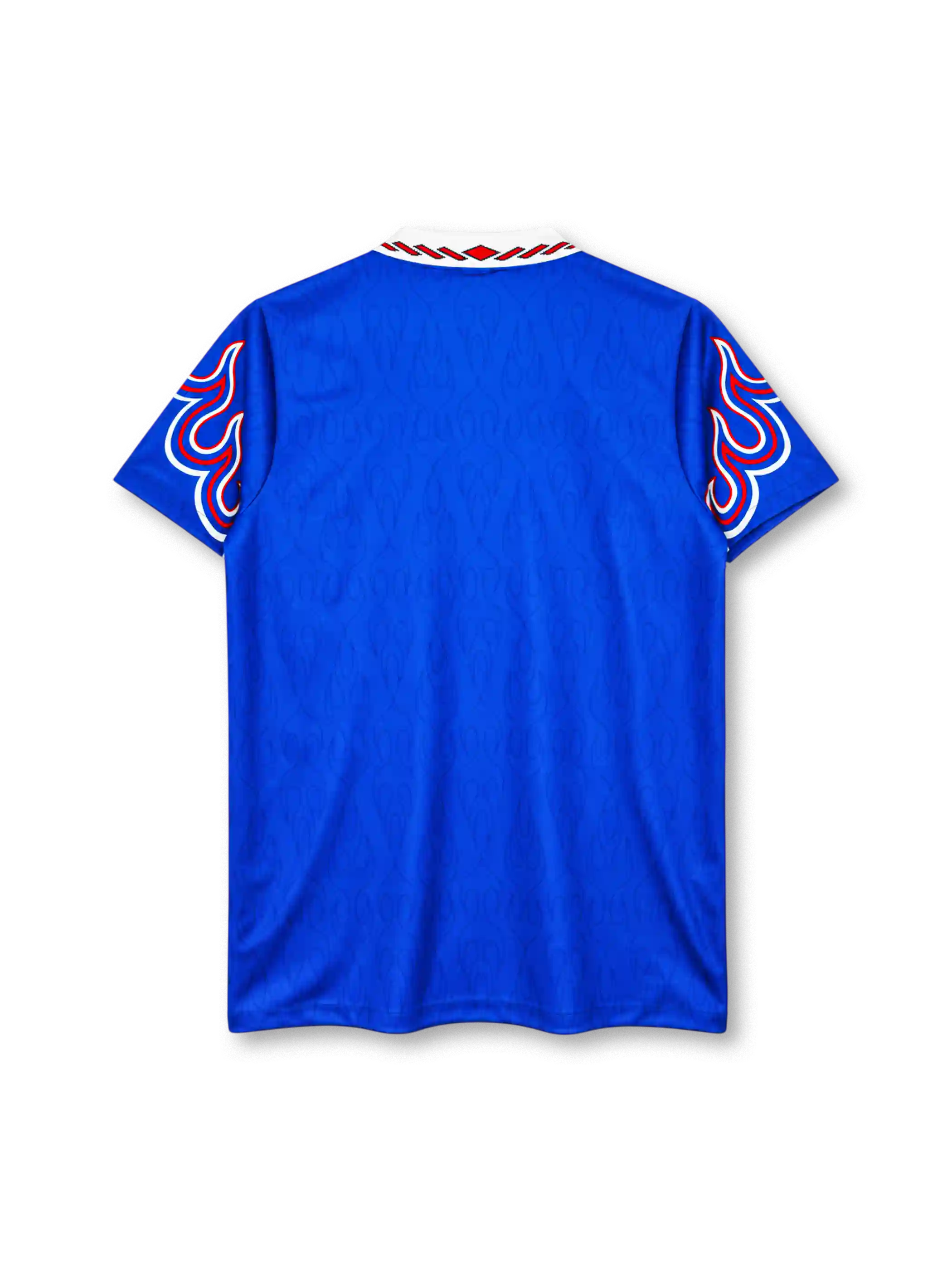 Japan 1996-97 home jersey, front view, royal blue body with tonal pattern, white polo collar with red and black stripe trim, red V insert, red white and blue flame graphics on both sleeves, white adidas wordmark on right chest, JFA crest with JAPAN text on left chest, official uniform label at hem