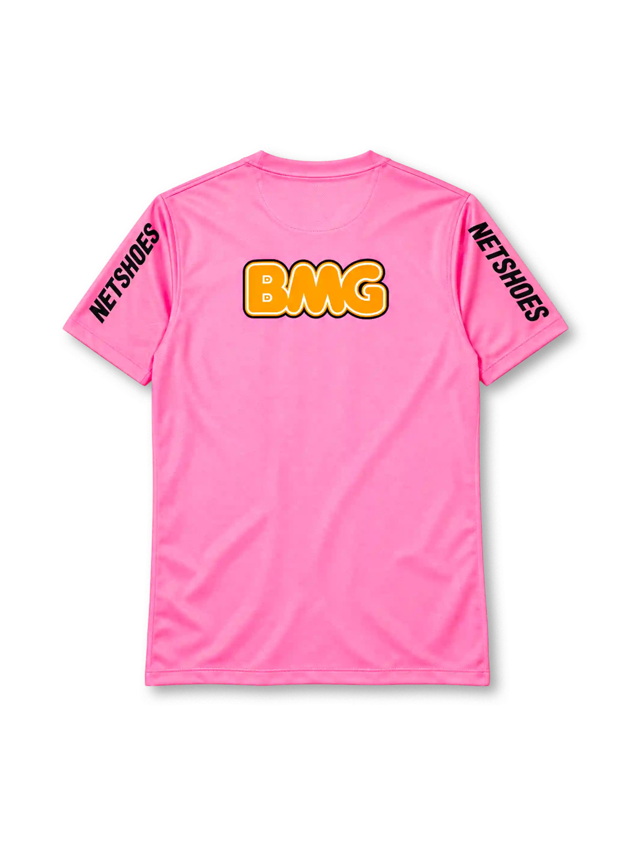 Santos 2013 pink jersey, front view, pink body, pink crew neck collar, red SEARA logos near shoulders, black NETSHOES lettering on sleeves, black Nike swoosh on right chest, Santos crest with two gold stars and 1912-2012 centenary crown on left chest, BANCO BMG sponsor logo, Nike Authentic tag at hem