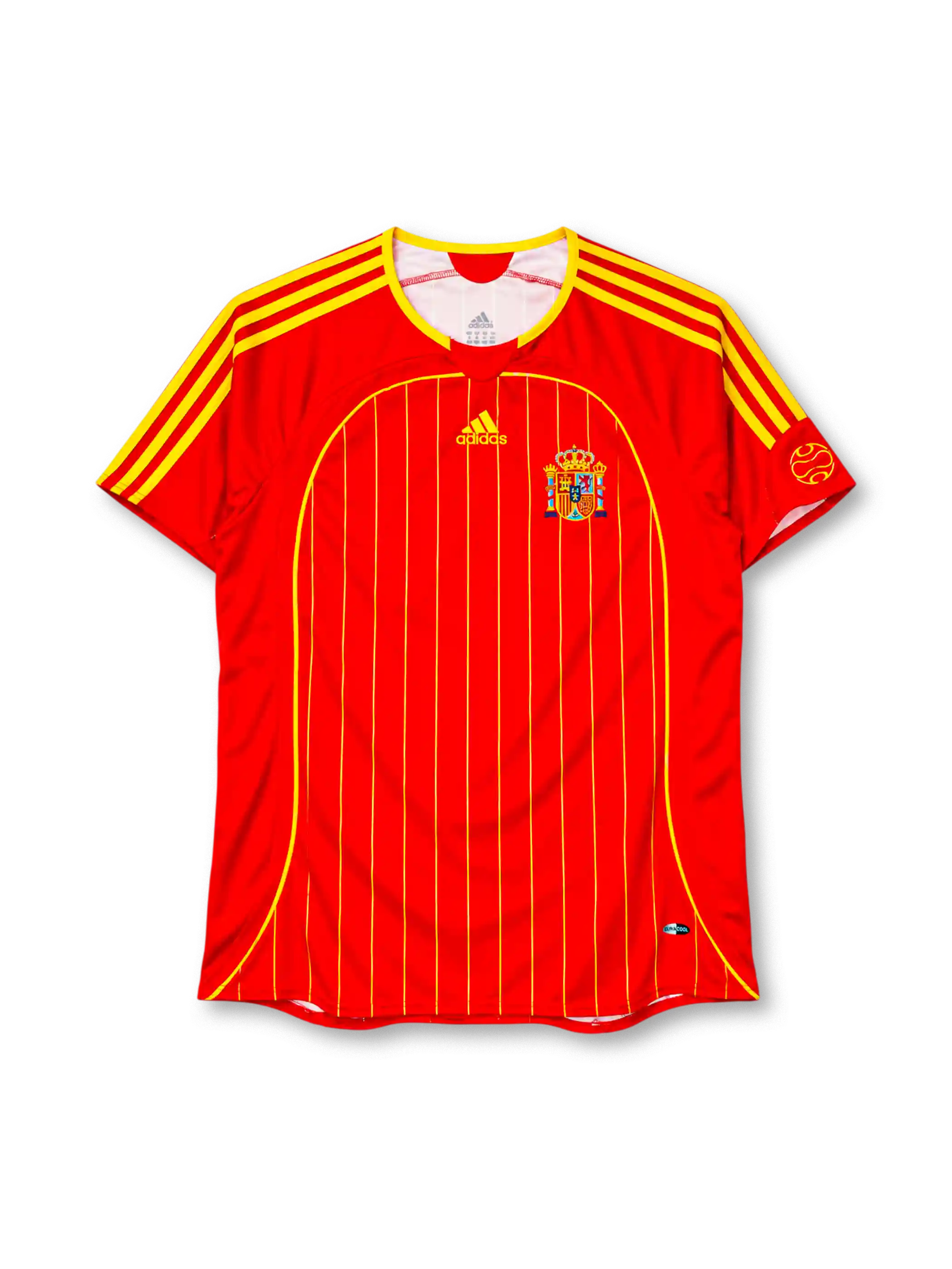 Spain 2006 home jersey, front view, red body with yellow pinstripes, curved yellow piping, red crew neck with yellow trim, three yellow stripes on shoulders and sleeves, yellow adidas logo centred on chest, Spanish Football Federation crest on left chest, circular emblem on left sleeve