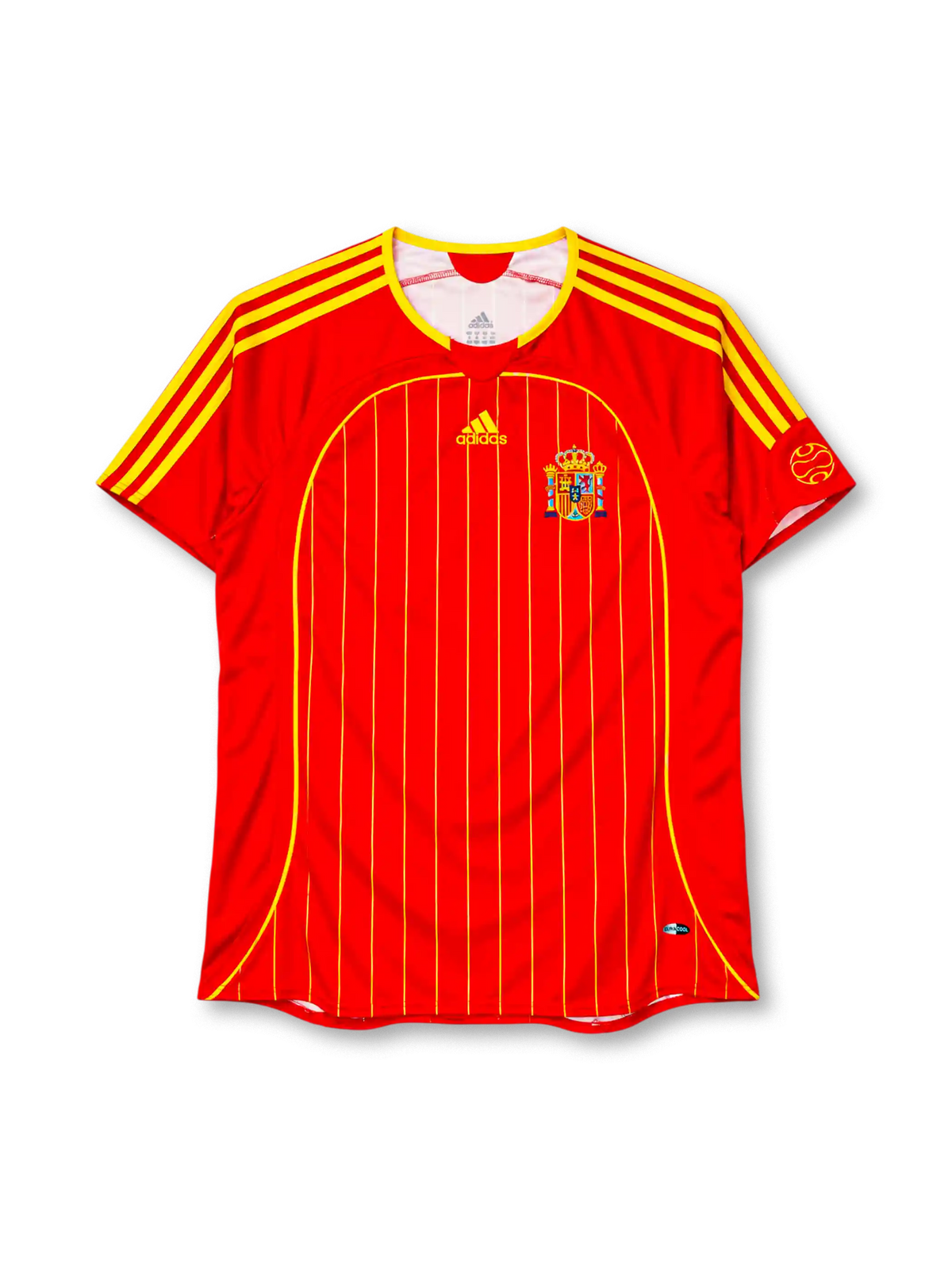 Spain 2006 home jersey, front view, red body with yellow pinstripes, curved yellow piping, red crew neck with yellow trim, three yellow stripes on shoulders and sleeves, yellow adidas logo centred on chest, Spanish Football Federation crest on left chest, circular emblem on left sleeve
