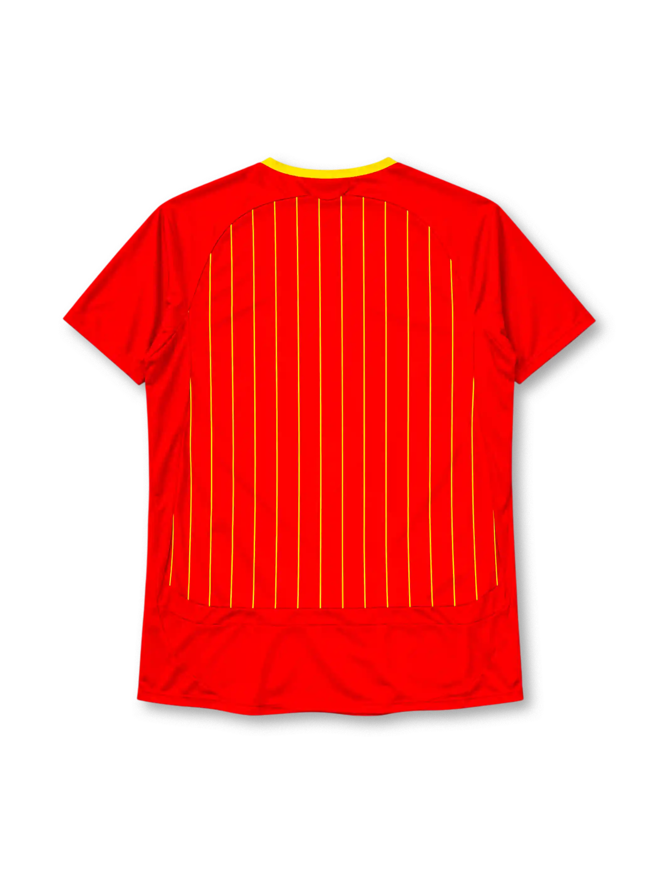 Spain 2006 home jersey, front view, red body with yellow pinstripes, curved yellow piping, red crew neck with yellow trim, three yellow stripes on shoulders and sleeves, yellow adidas logo centred on chest, Spanish Football Federation crest on left chest, circular emblem on left sleeve