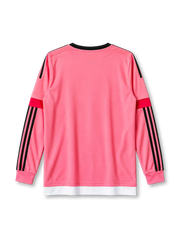 Juventus 2015-16 away long sleeve jersey, front view, pink body, black crew neck collar, black three stripes down full-length sleeves, red upper sleeve bands, pink ribbed cuffs, black adidas logo on right chest, Juventus crest with three gold stars on left chest, white and red chest band with black JEEP sponsor panel, white hem band
