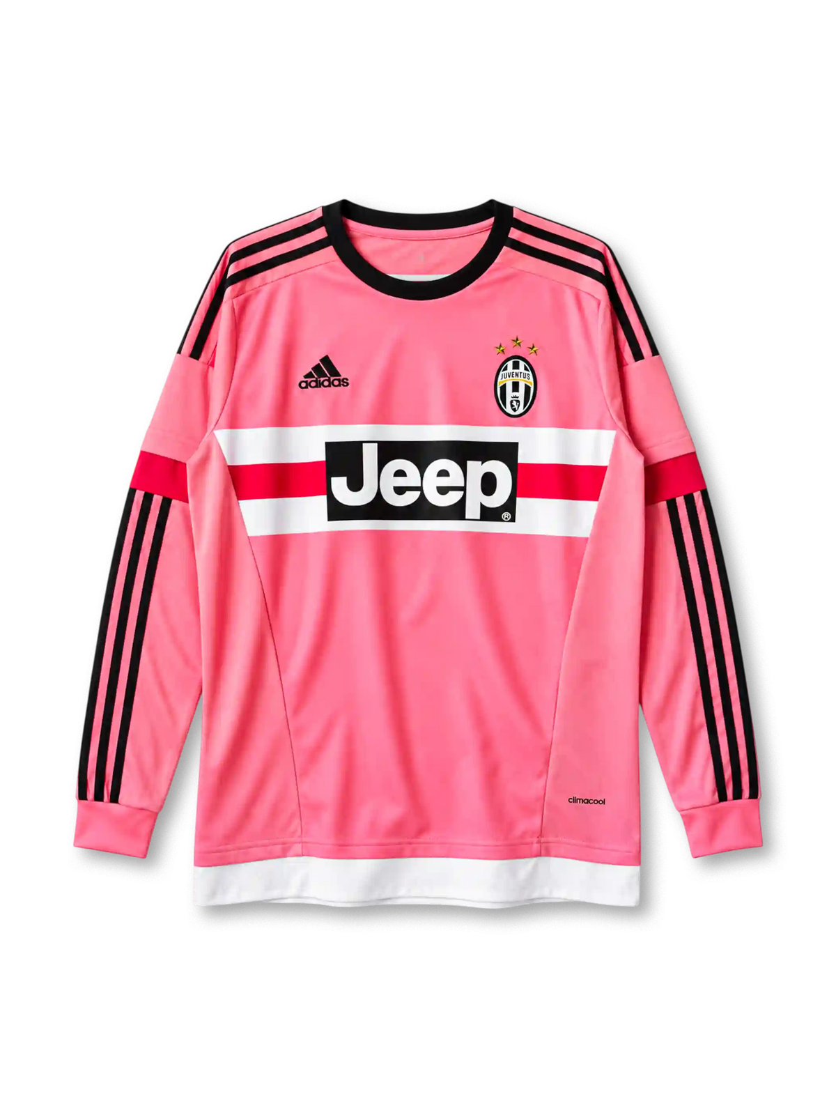 Juventus 2015-16 away long sleeve jersey, front view, pink body, black crew neck collar, black three stripes down full-length sleeves, red upper sleeve bands, pink ribbed cuffs, black adidas logo on right chest, Juventus crest with three gold stars on left chest, white and red chest band with black JEEP sponsor panel, white hem band