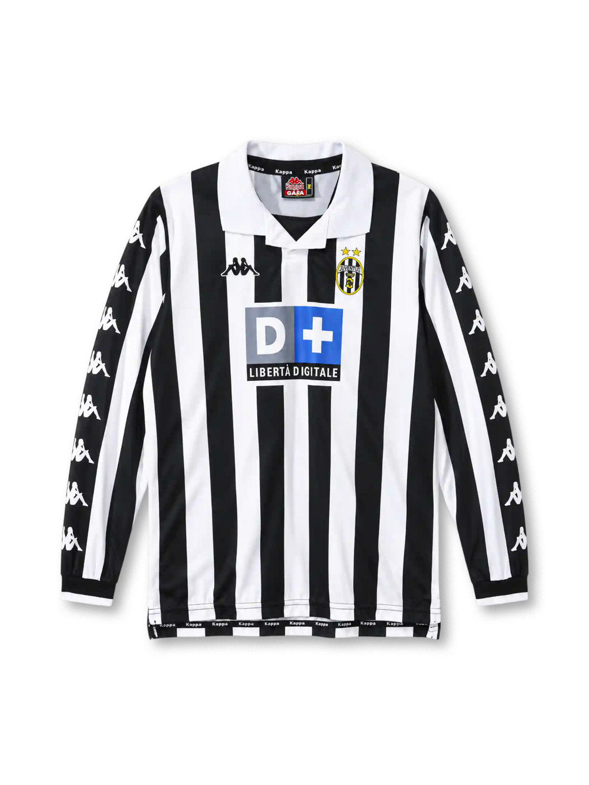 Juventus 1999-00 home long sleeve jersey, front view, black and white vertical stripes, white polo collar with black V insert, long sleeves with repeating white Kappa logos on black panels, black ribbed cuffs, Kappa logo on right chest, oval Juventus crest with two gold stars on left chest, D+ Liberta Digitale sponsor logo