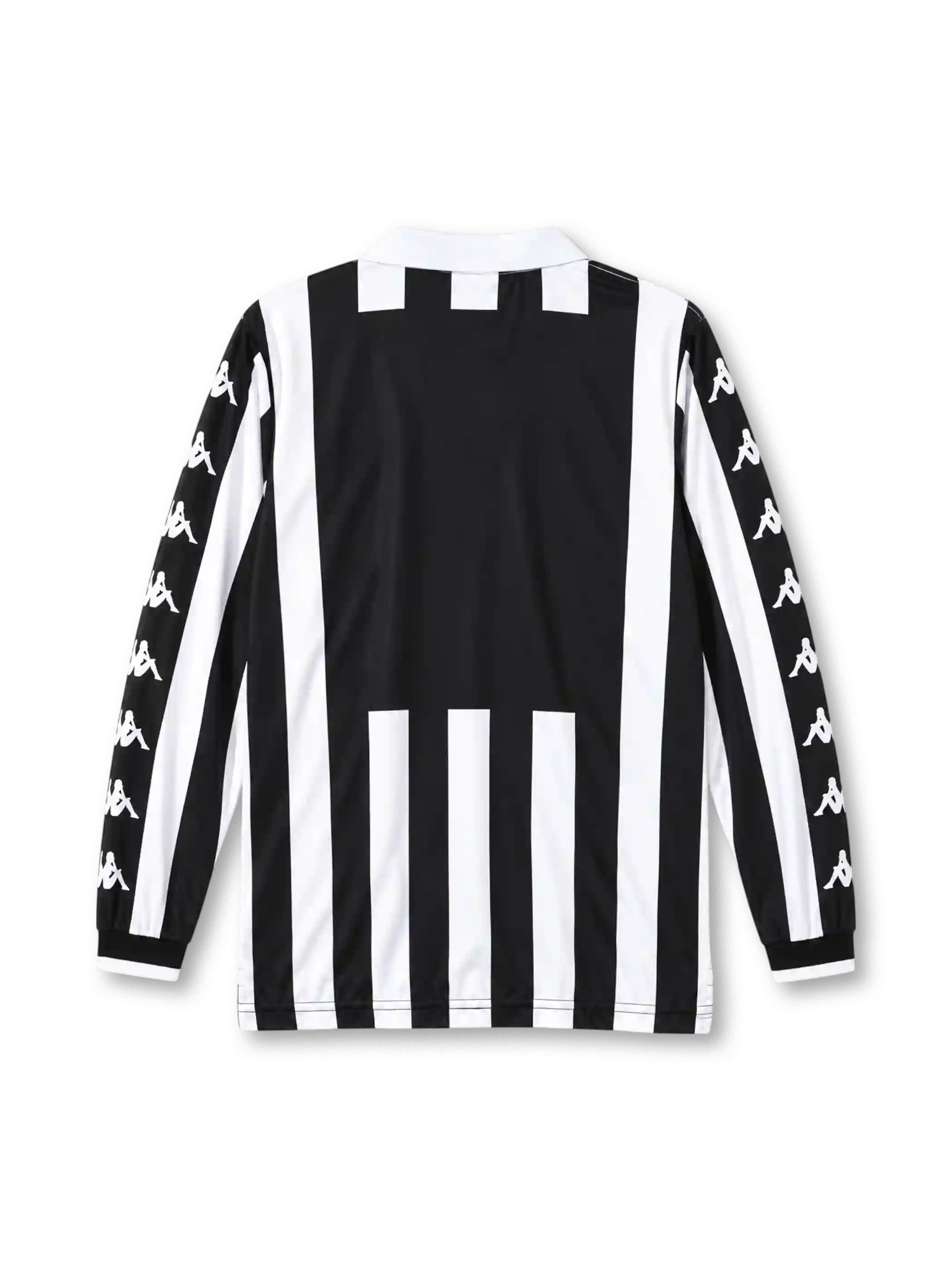 Juventus 1999-00 home long sleeve jersey, front view, black and white vertical stripes, white polo collar with black V insert, long sleeves with repeating white Kappa logos on black panels, black ribbed cuffs, Kappa logo on right chest, oval Juventus crest with two gold stars on left chest, D+ Liberta Digitale sponsor logo