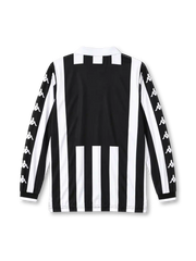 Juventus 1999-00 home long sleeve jersey, front view, black and white vertical stripes, white polo collar with black V insert, long sleeves with repeating white Kappa logos on black panels, black ribbed cuffs, Kappa logo on right chest, oval Juventus crest with two gold stars on left chest, D+ Liberta Digitale sponsor logo