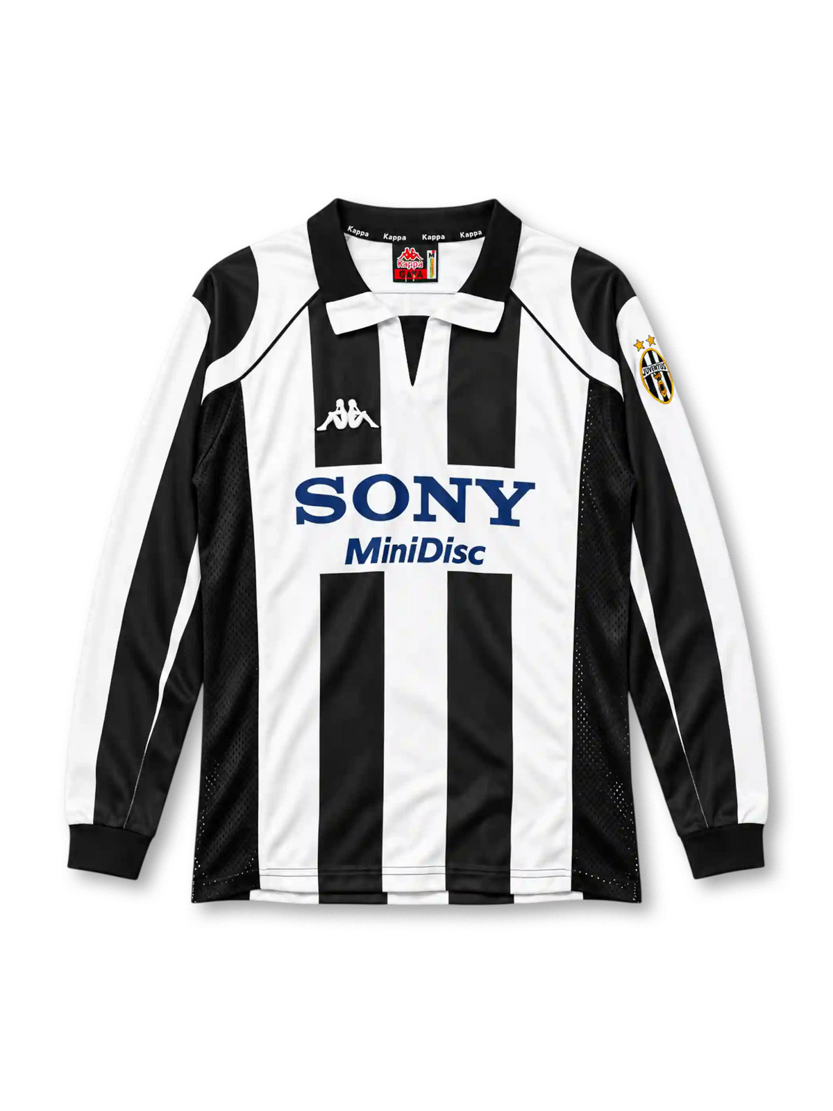 Juventus 1997-98 home long sleeve jersey, front view, black and white vertical stripes, black polo collar with white tips and V-notch, long striped sleeves with black ribbed cuffs, white Kappa logo on right chest, Juventus crest with two gold stars on left sleeve, navy SONY MiniDisc sponsor logo on white chest band, black mesh side panels