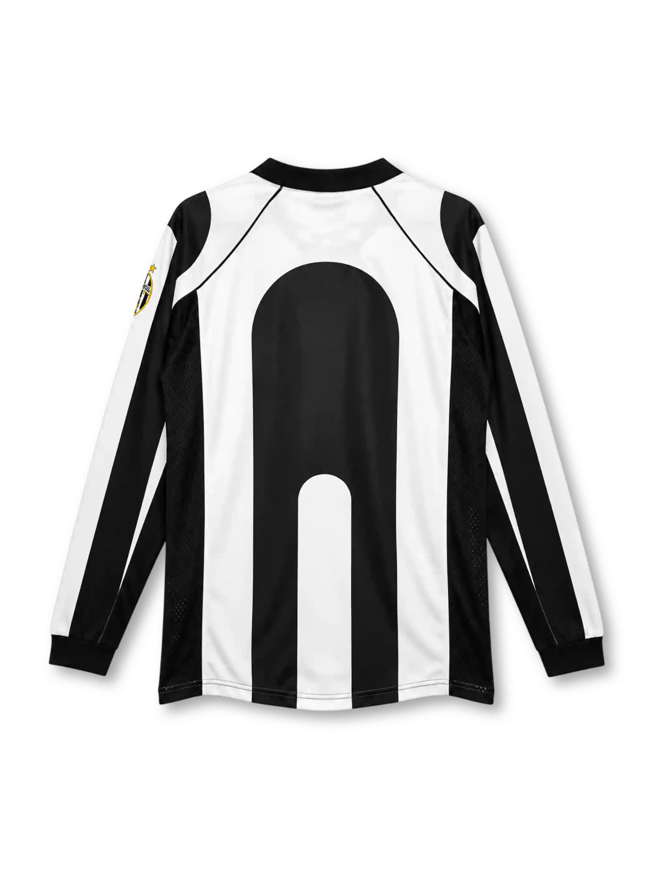 Juventus 1997-98 home long sleeve jersey, front view, black and white vertical stripes, black polo collar with white tips and V-notch, long striped sleeves with black ribbed cuffs, white Kappa logo on right chest, Juventus crest with two gold stars on left sleeve, navy SONY MiniDisc sponsor logo on white chest band, black mesh side panels