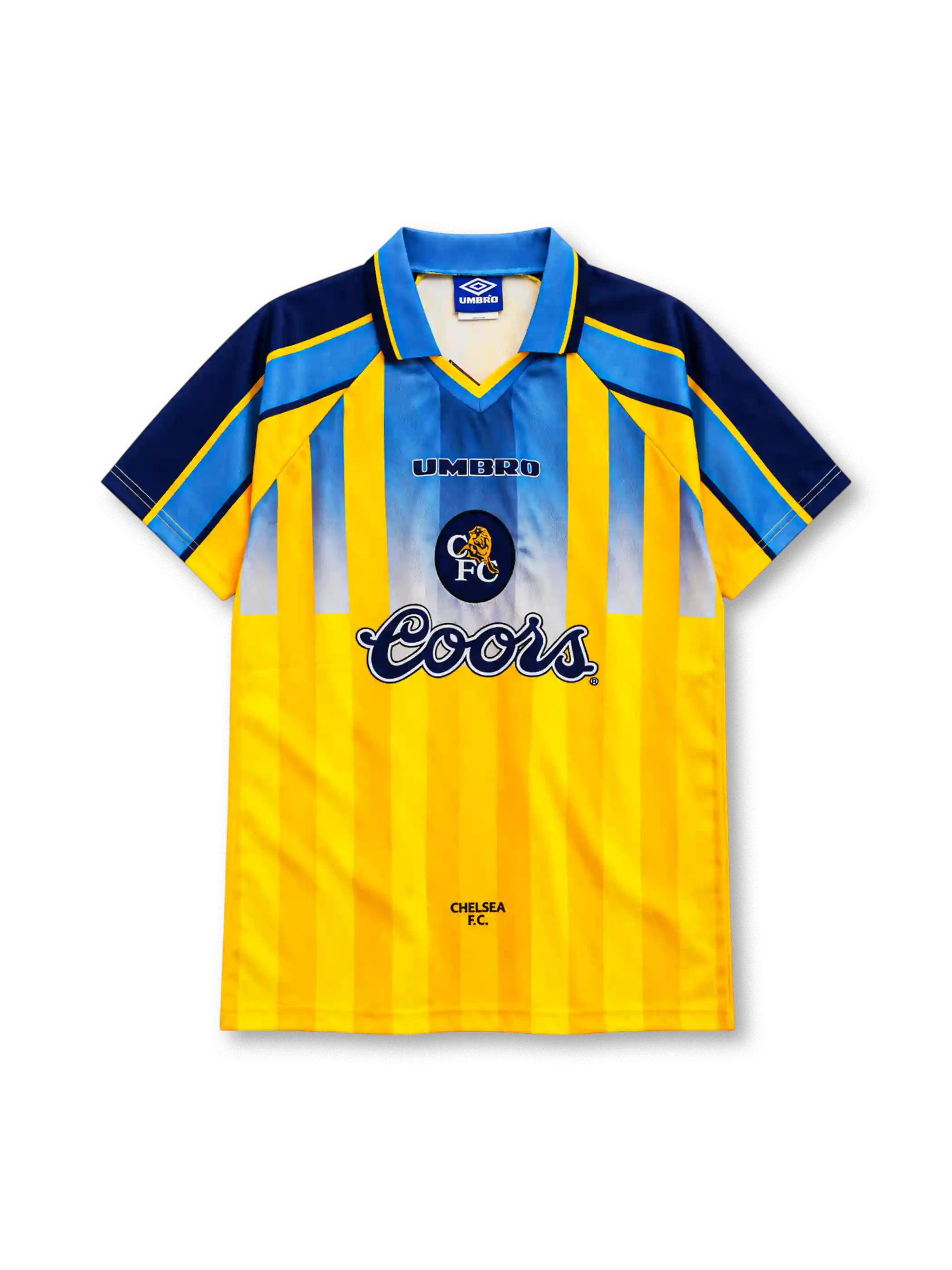Chelsea 1995-96 away jersey, front view, yellow body with tonal vertical stripes, light blue gradient upper chest panel, navy raglan sleeves with light blue and yellow shoulder bands, light blue polo collar, navy UMBRO wordmark and circular lion crest centred on chest, navy COORS sponsor logo, CHELSEA F.C. text at hem